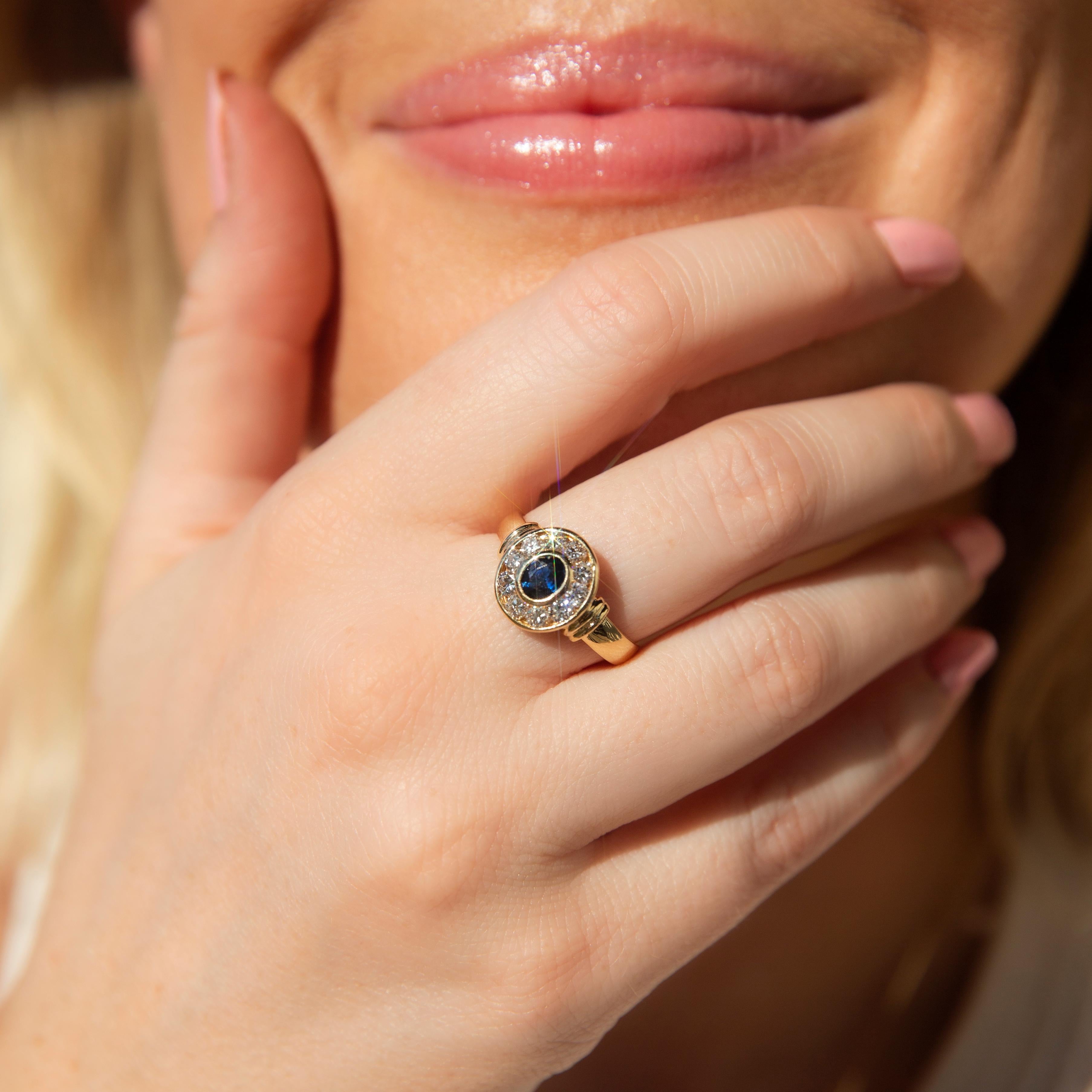 Halo set, The Heta Ring is a delightful rethink of a classic design. Crafted in 18 carat gold, her deep blue sapphire is at the centre of a white blaze of diamonds that demands your consideration. Set low for everyday wear but also perfect for