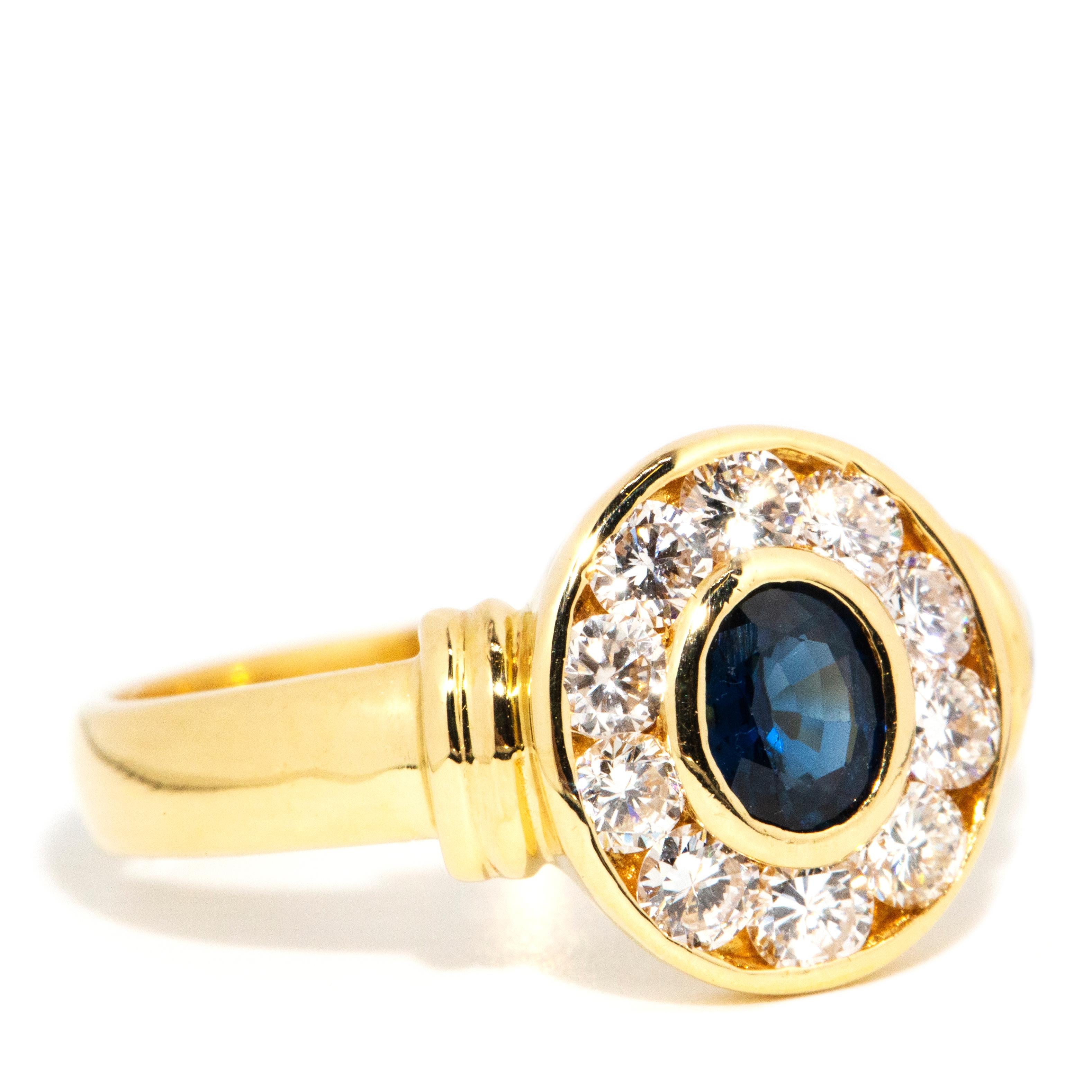 Oval Cut Vintage 1990s Deep Bright Blue Sapphire & Diamond Halo Ring 18 Carat Yellow Gold