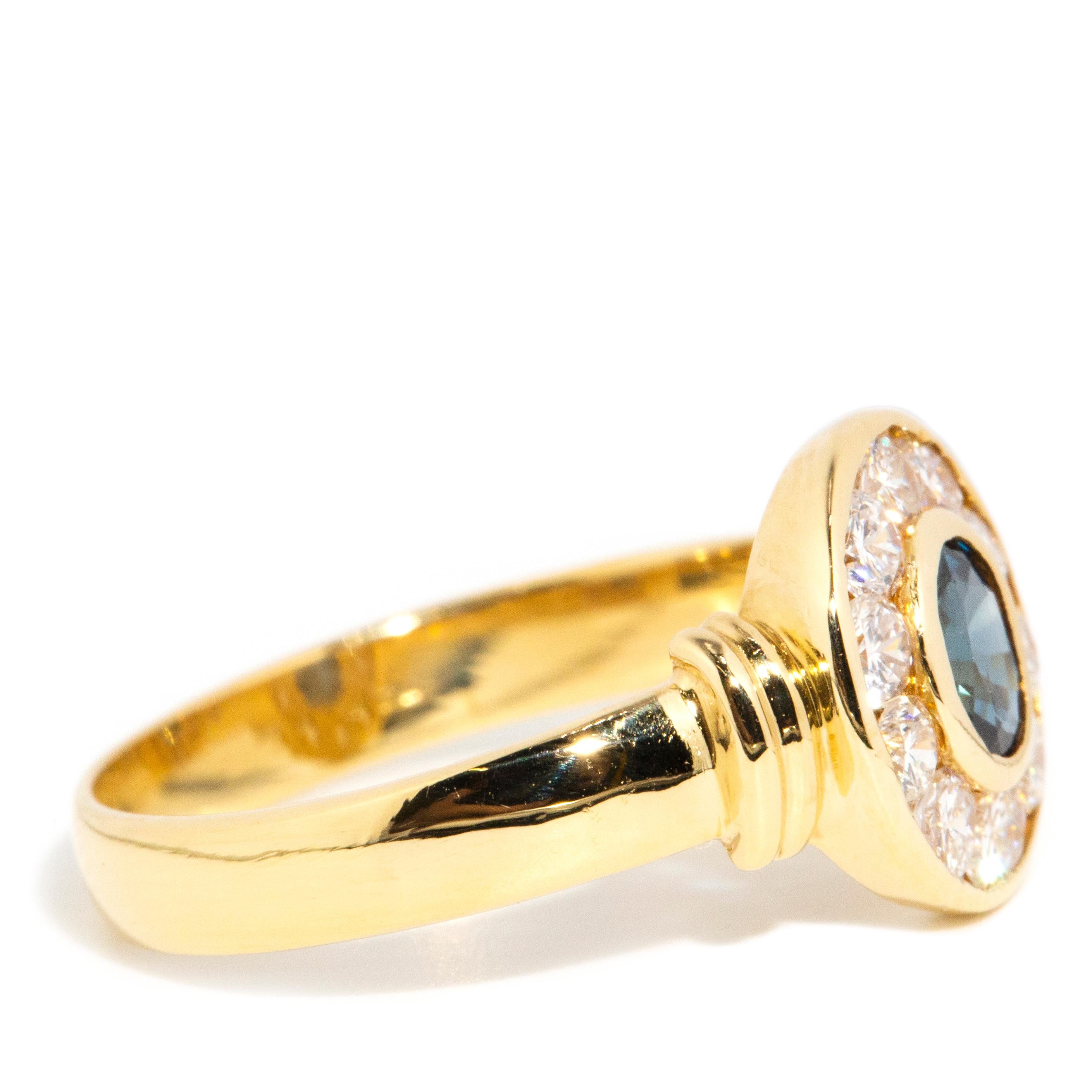 Women's Vintage 1990s Deep Bright Blue Sapphire & Diamond Halo Ring 18 Carat Yellow Gold