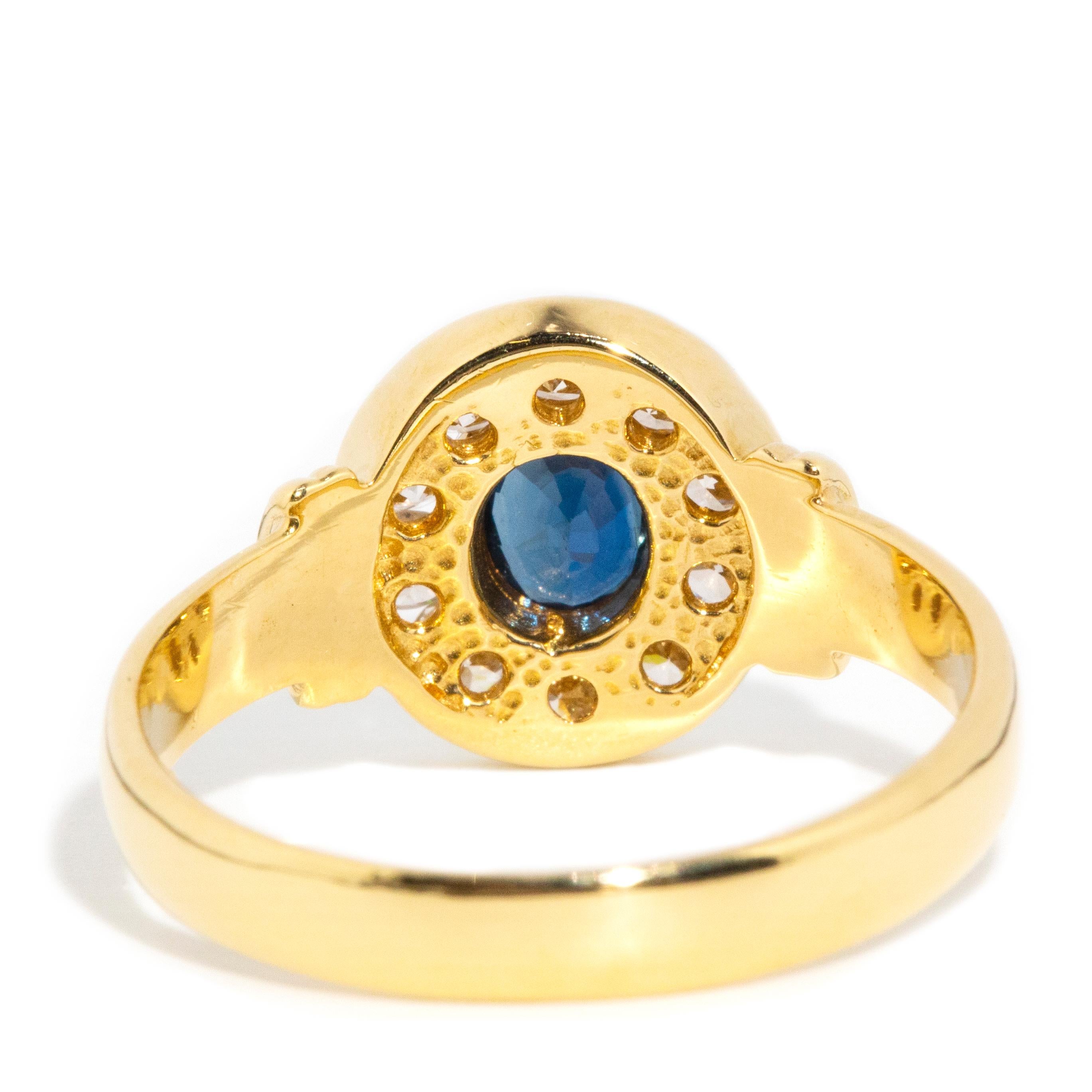 Vintage 1990s Deep Bright Blue Sapphire & Diamond Halo Ring 18 Carat Yellow Gold 2