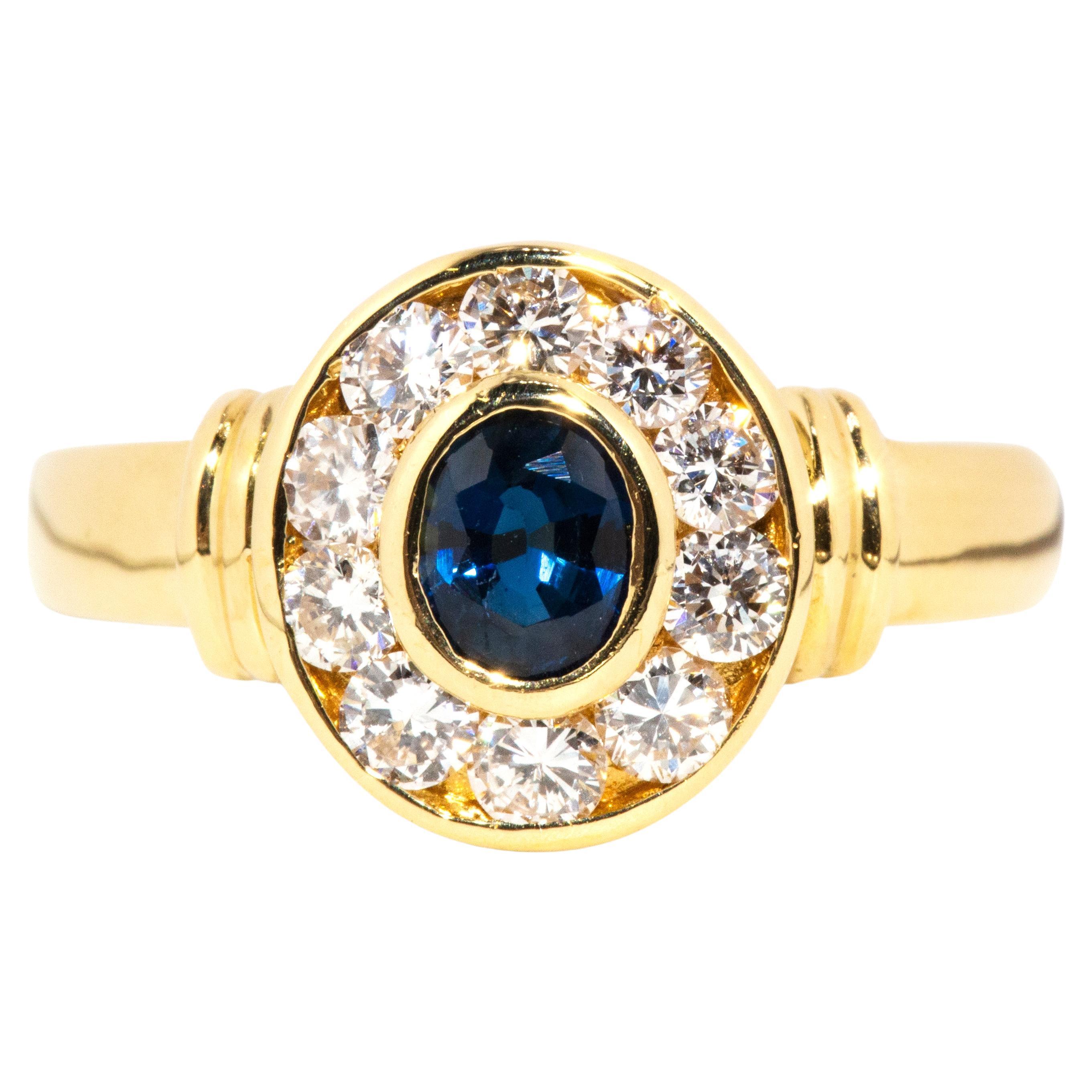 Vintage 1990s Deep Bright Blue Sapphire & Diamond Halo Ring 18 Carat Yellow Gold