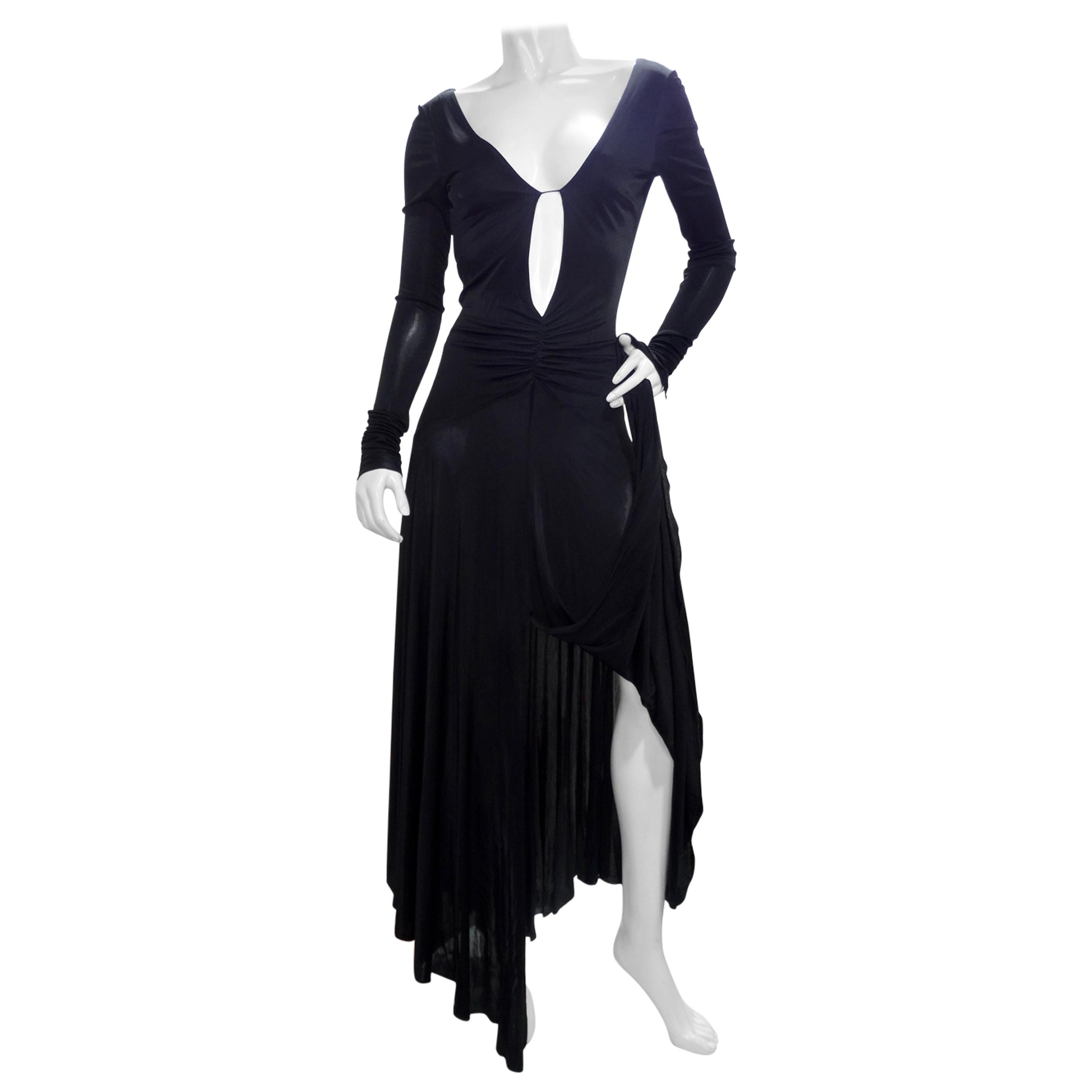 Vintage 1990s Deep Cut Silk Black Dress