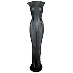 Vintage 1990's Dolce & Gabbana Sheer Black Fishnet Extra Long Gown Dress 42