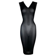 Vintage 1990
s Dolce 
Gabbana Sheer Black Silk Stretch V-Neck Wiggle Dress 42