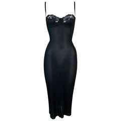 Vintage 1990's Dolce & Gabbana Sheer Schwarz Stretch Seide Spitze Trim Kleid