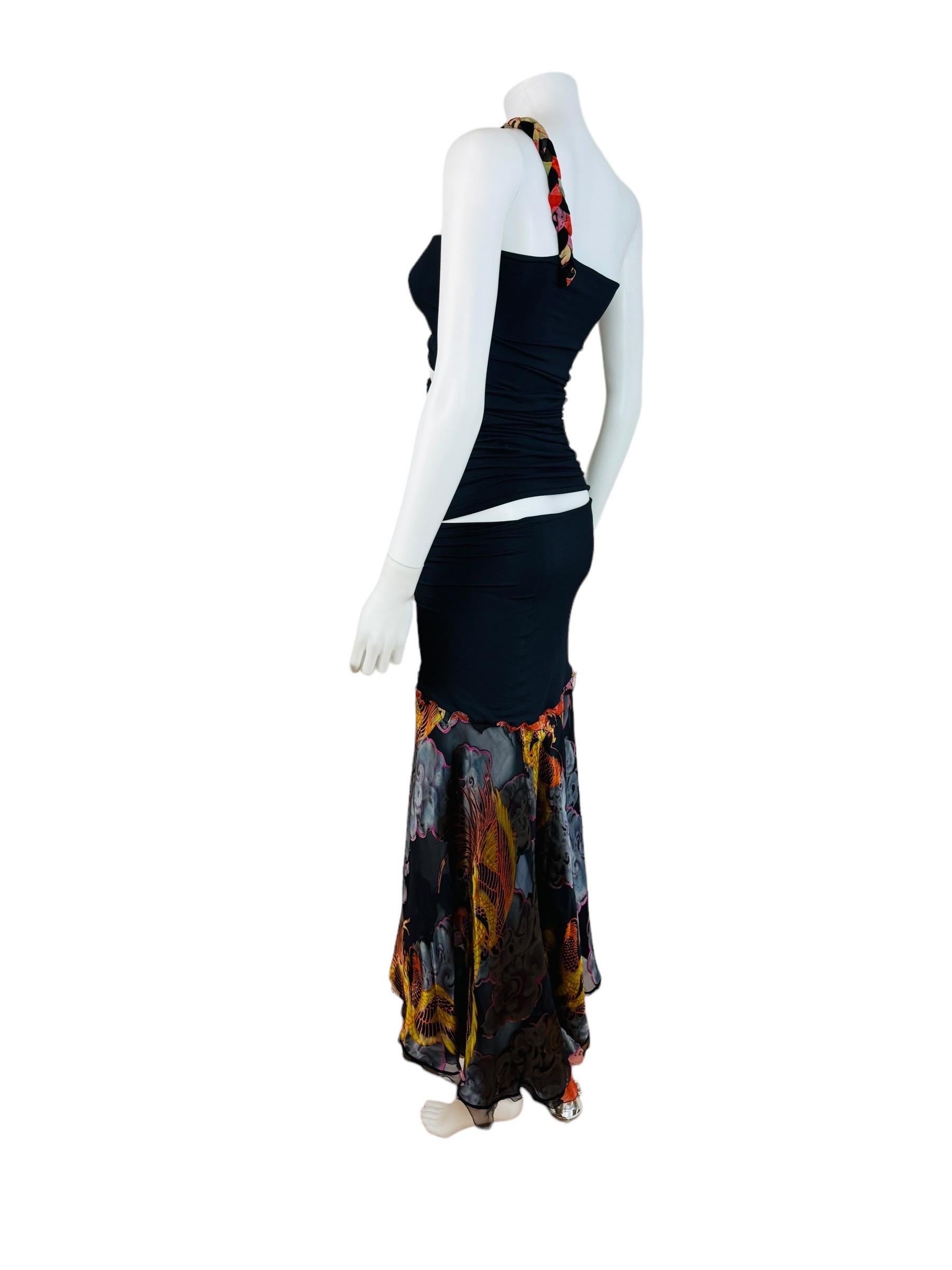 Vintage 1990s Emanuel Ungaro Cut Out Asymmetrical Phoenix Birds Maxi Dress 8