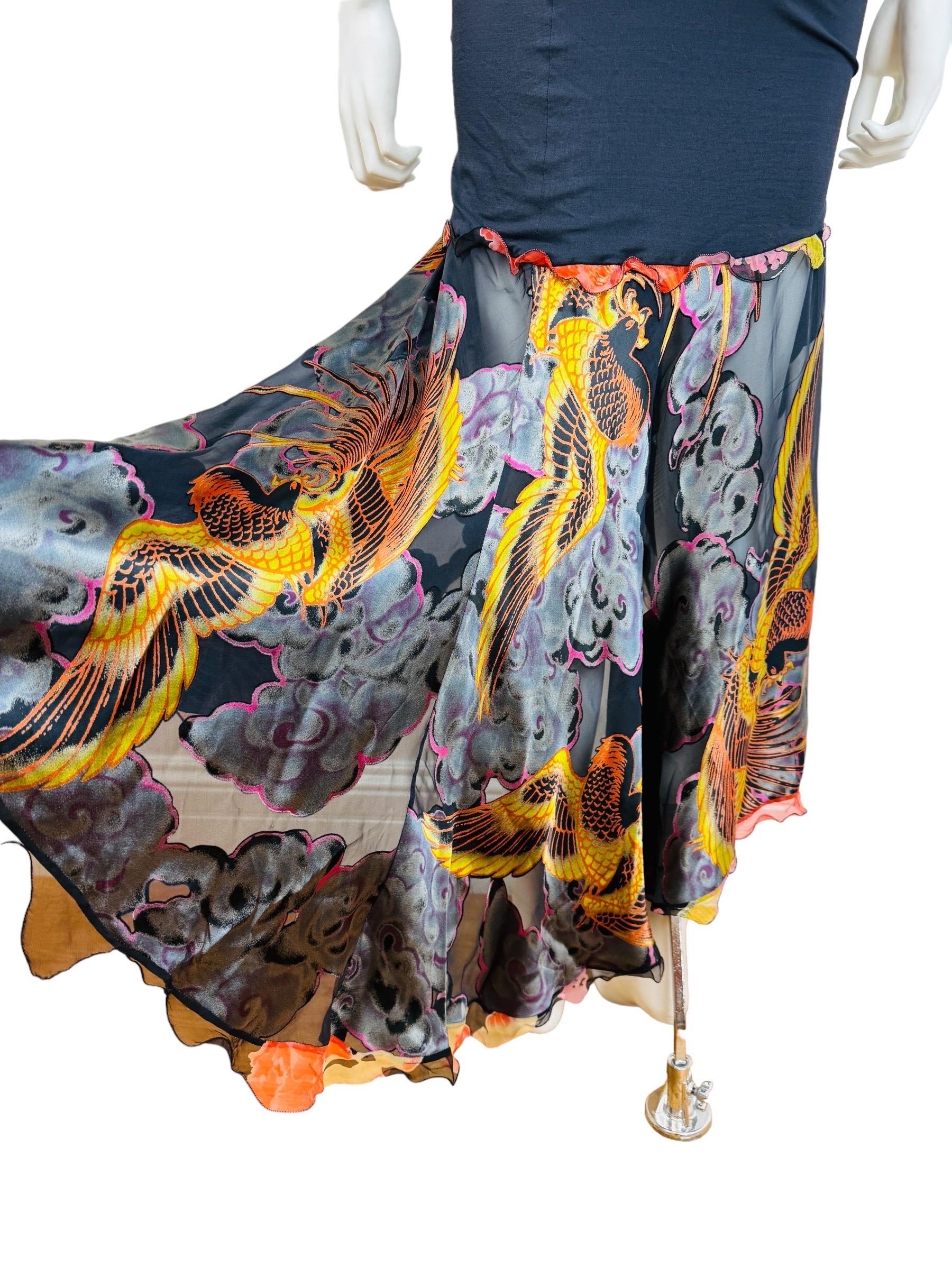 Vintage 1990s Emanuel Ungaro Cut Out Asymmetrical Phoenix Birds Maxi Dress 10