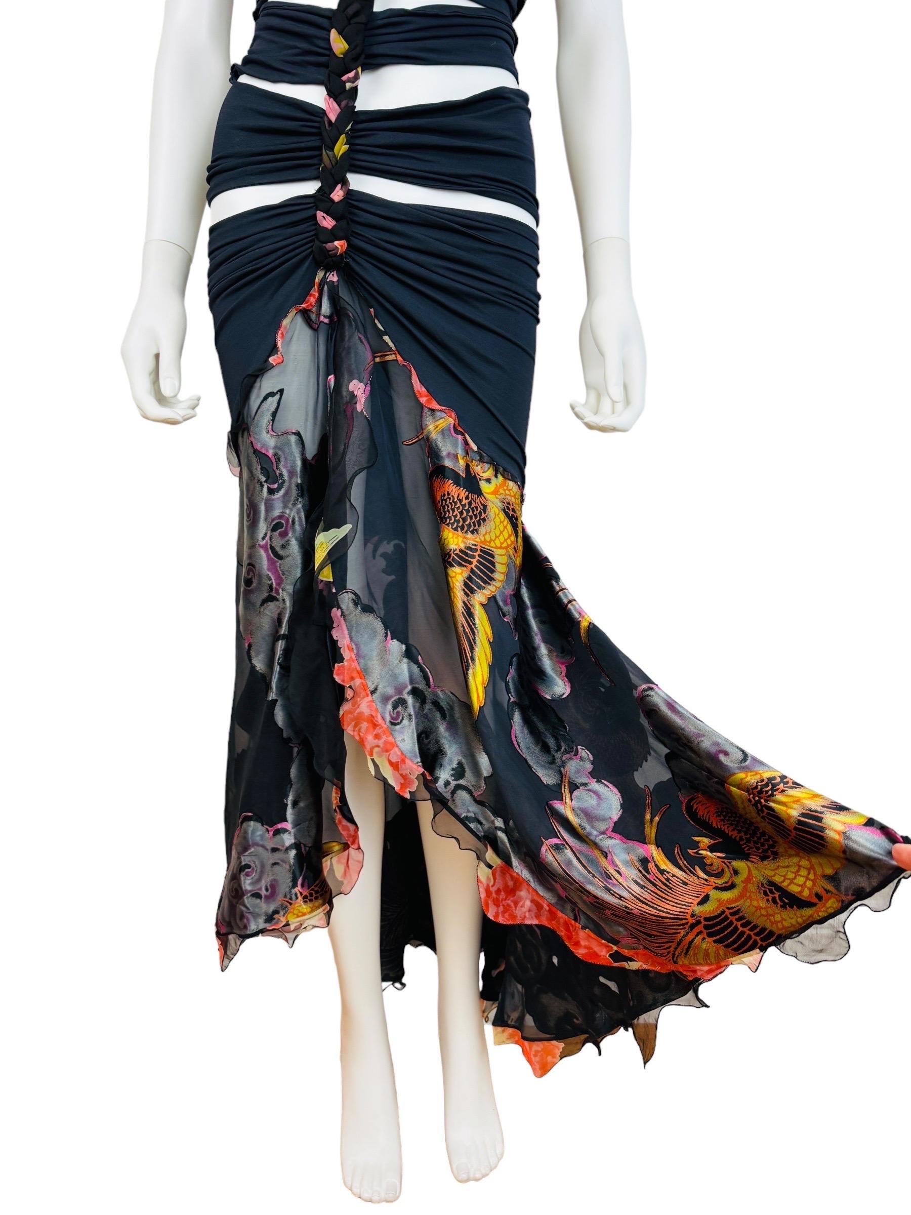 Women's Vintage 1990s Emanuel Ungaro Cut Out Asymmetrical Phoenix Birds Maxi Dress