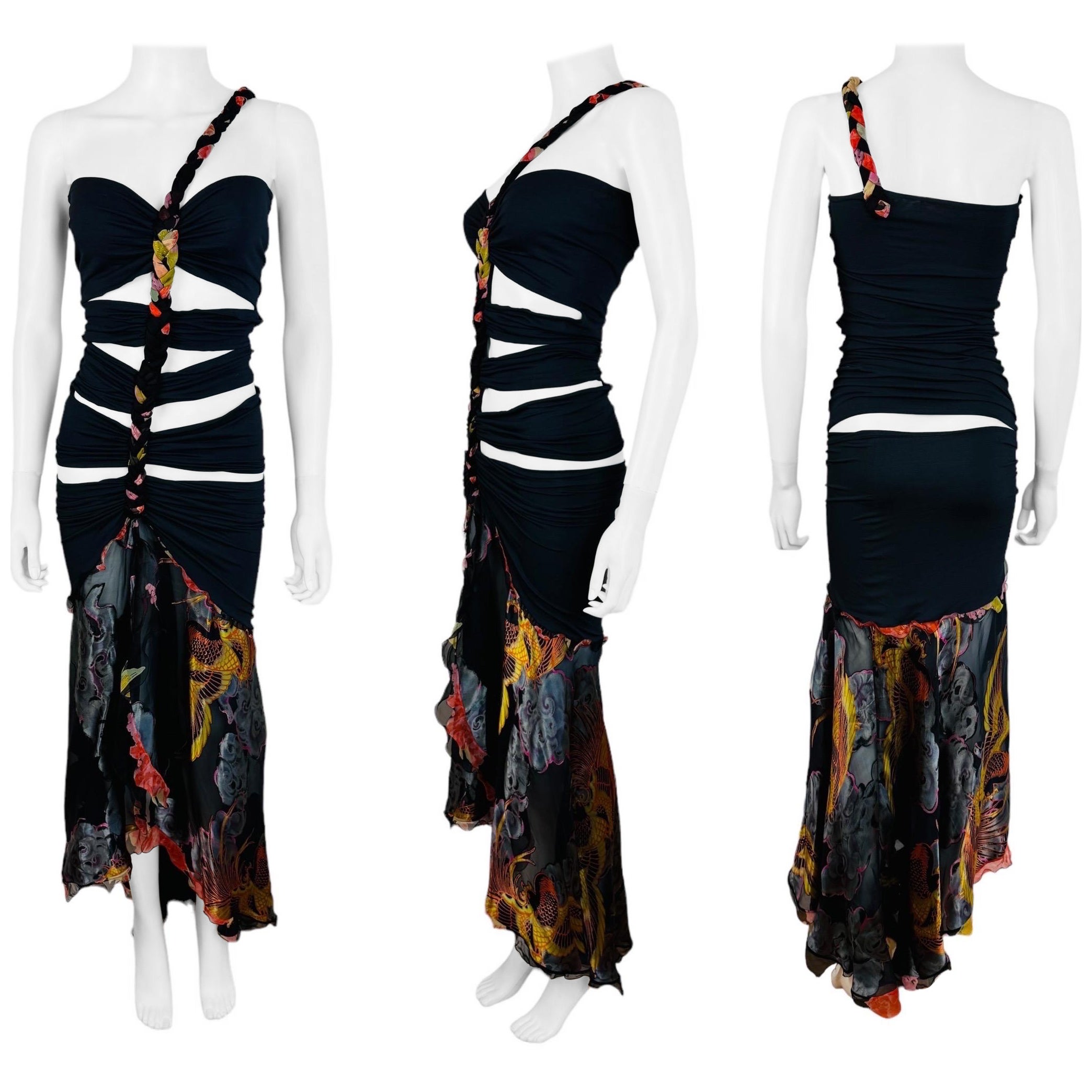 Vintage 1990s Emanuel Ungaro Cut Out Asymmetrical Phoenix Birds Maxi Dress