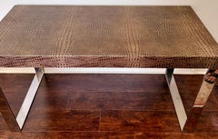 Vintage 1990s Faux Crocodile Writing Table in Faux Leather & Stainless Steel