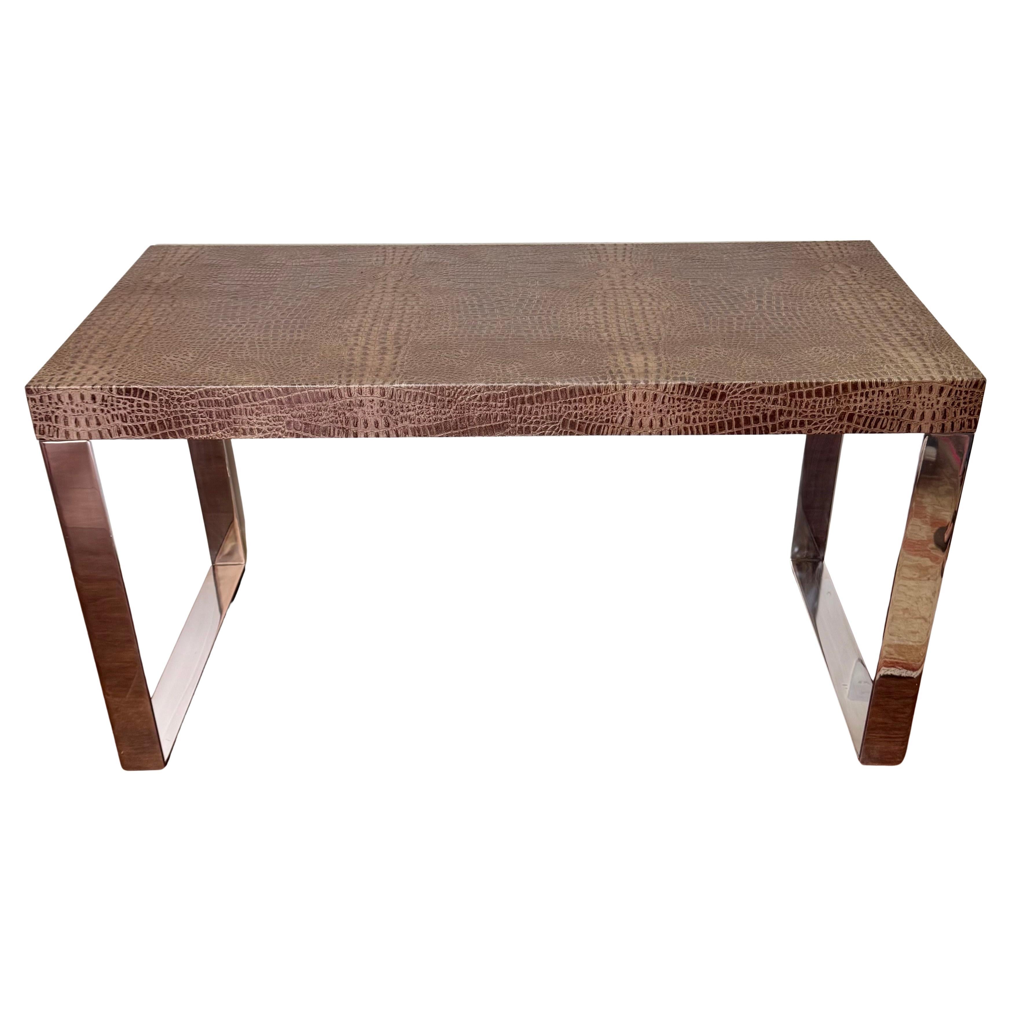 Vintage 1990s Faux Crocodile Writing Table in Faux Leather & Stainless Steel