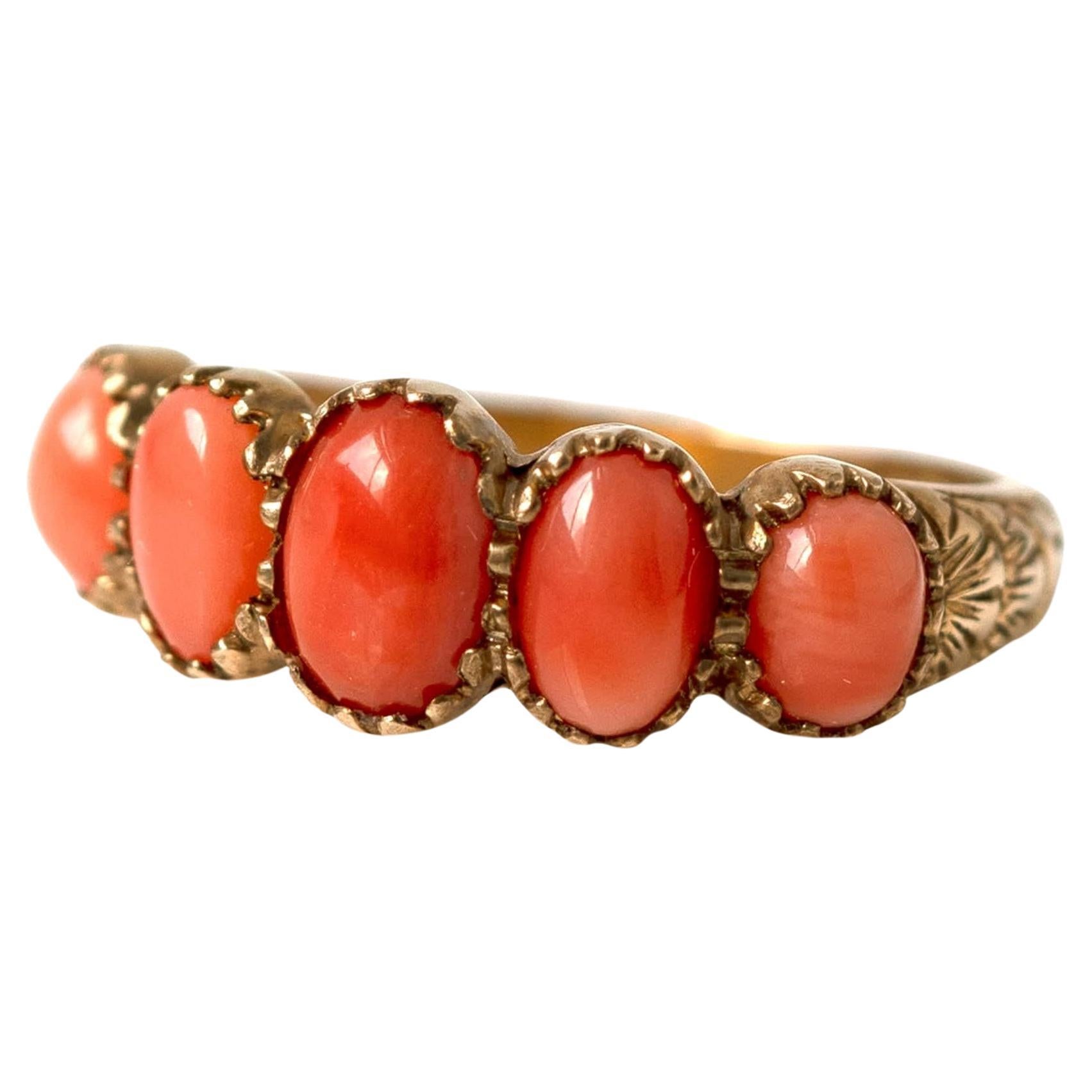 Vintage 1990s Five Stone Coral 9ct Gold Ring For Sale