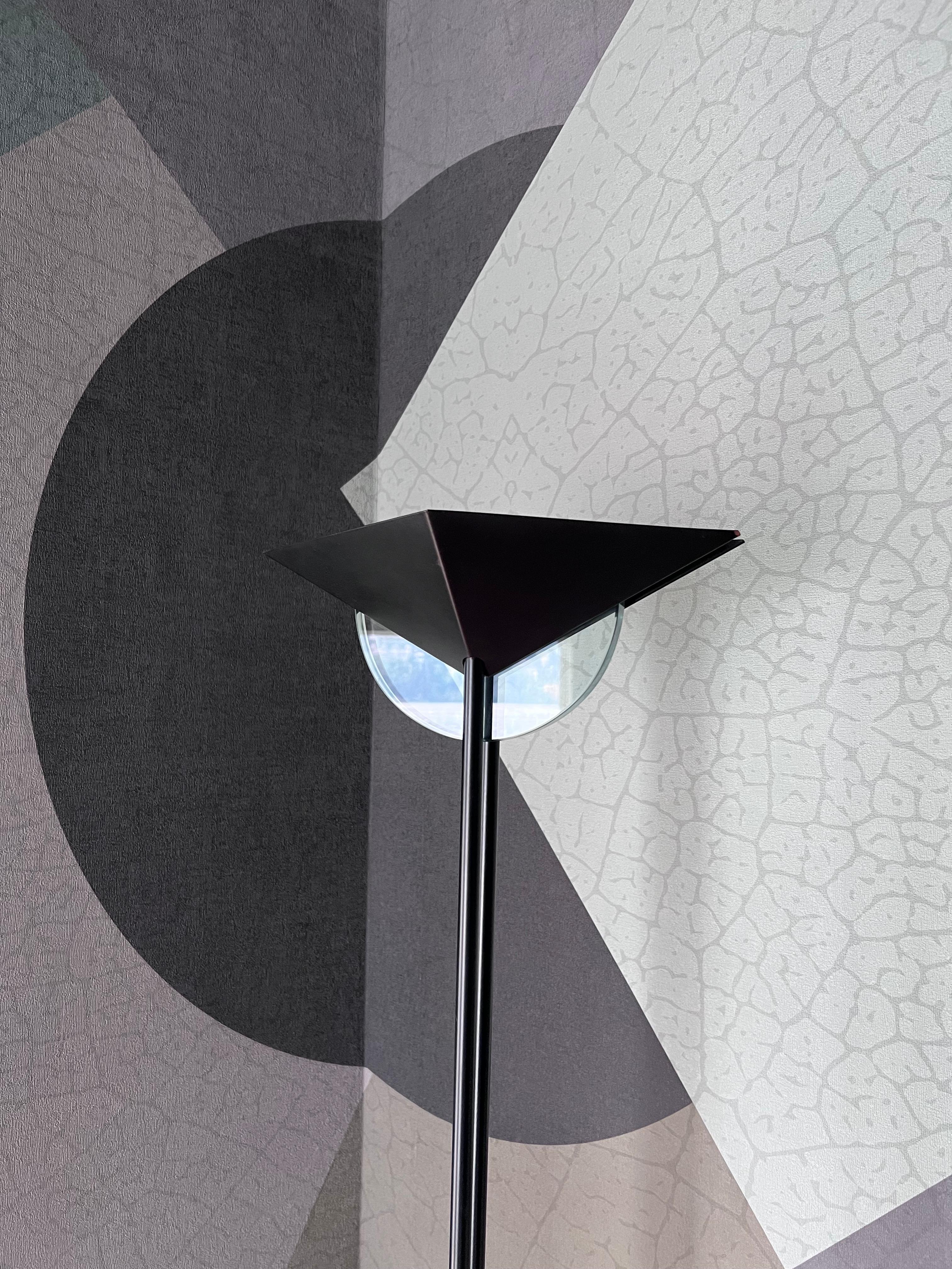 Modern Vintage 1990s Fontana Arte Style Floor Lamp in Black Metal and Light Blue Glass For Sale