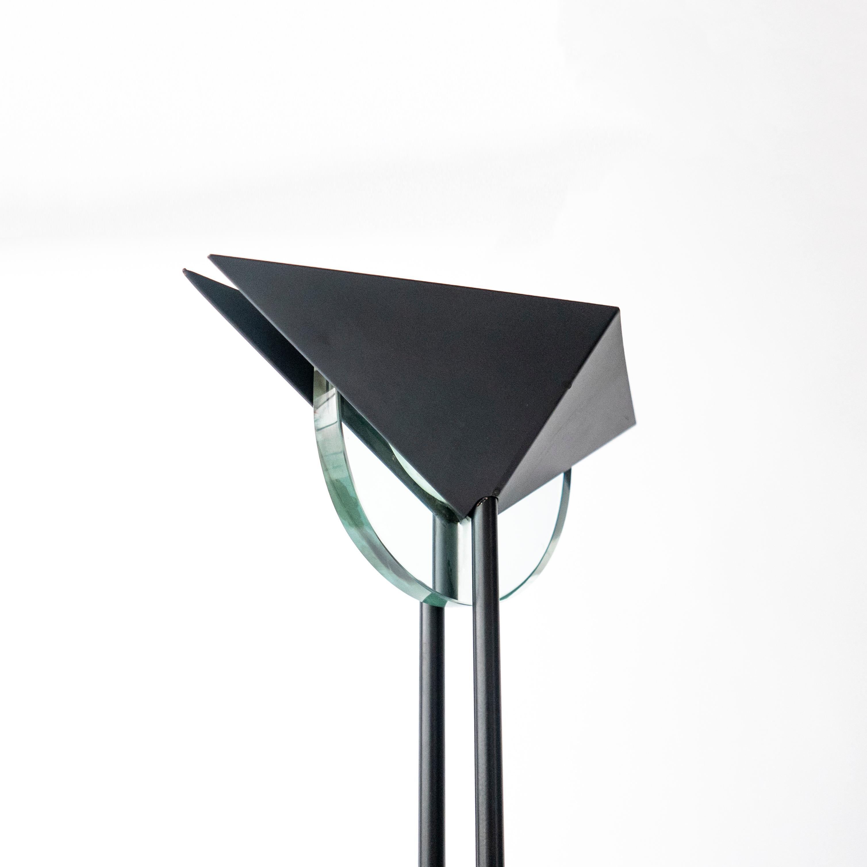 Vintage 1990s Fontana Arte Style Floor Lamp in Black Metal and Light Blue Glass In Good Condition For Sale In Milano, IT