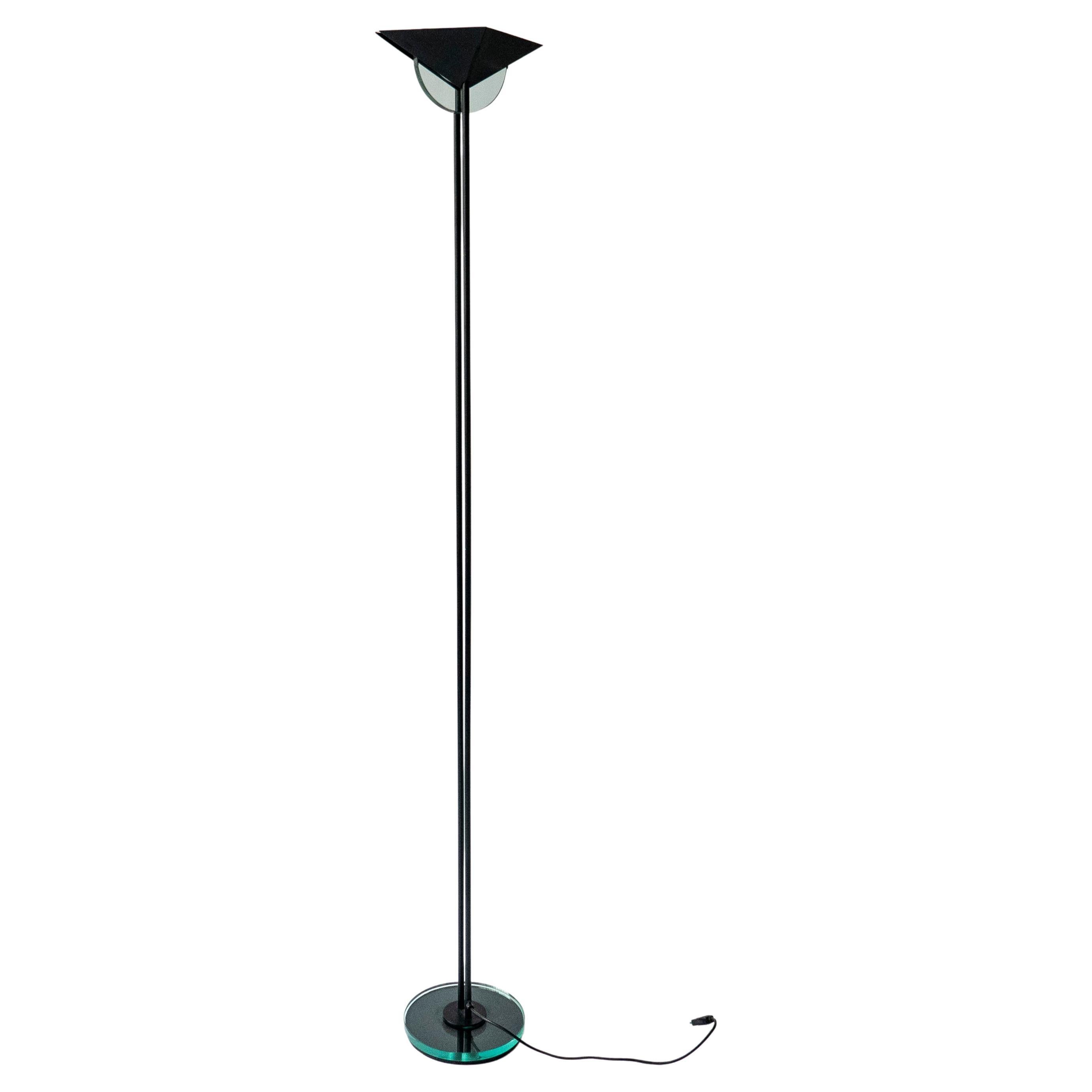 Vintage 1990s Fontana Arte Style Floor Lamp in Black Metal and Light Blue Glass For Sale