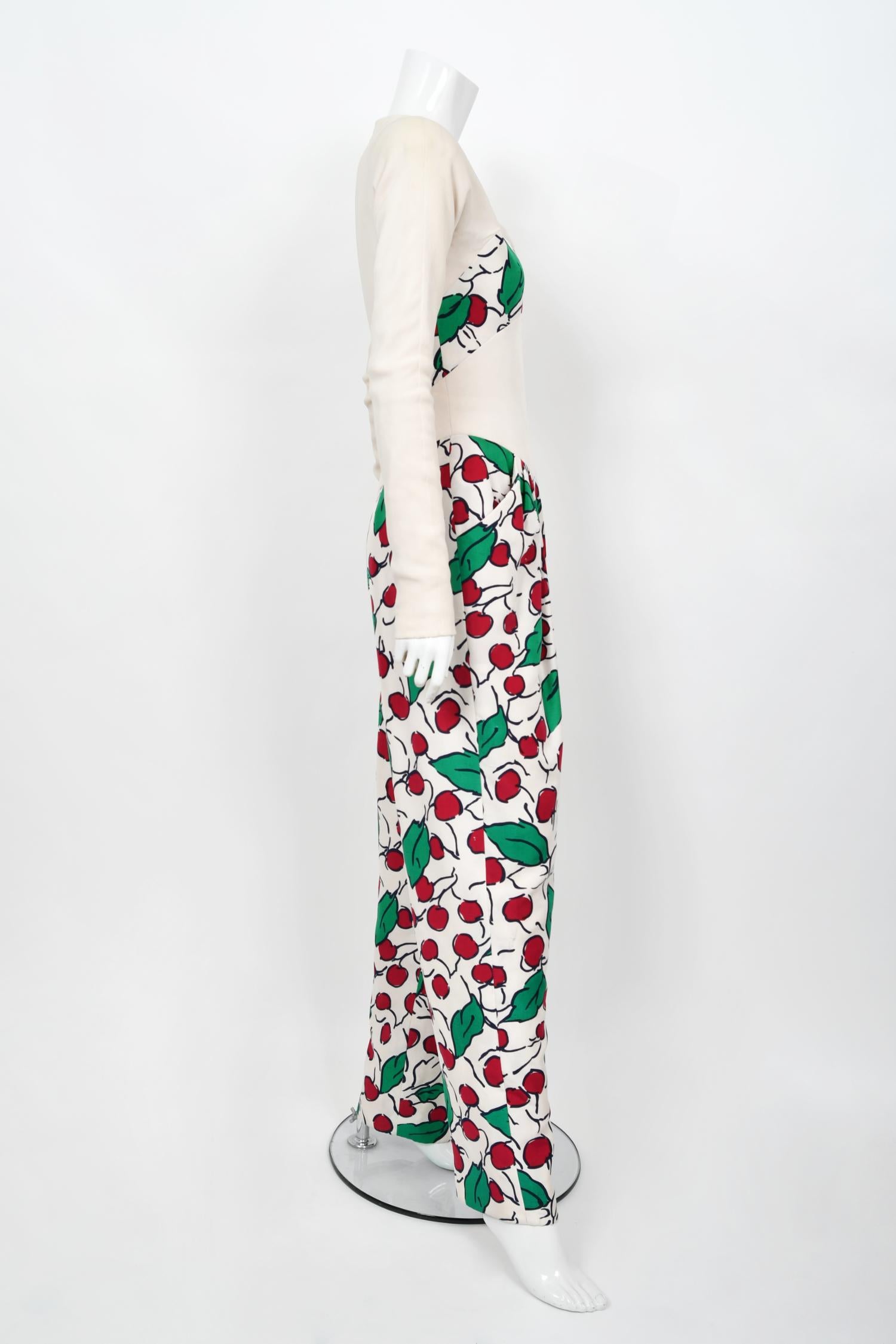 Vintage 1990's Geoffrey Beene Cherry Print Silk Crepe Bikini-Illusion Jumpsuit  For Sale 8