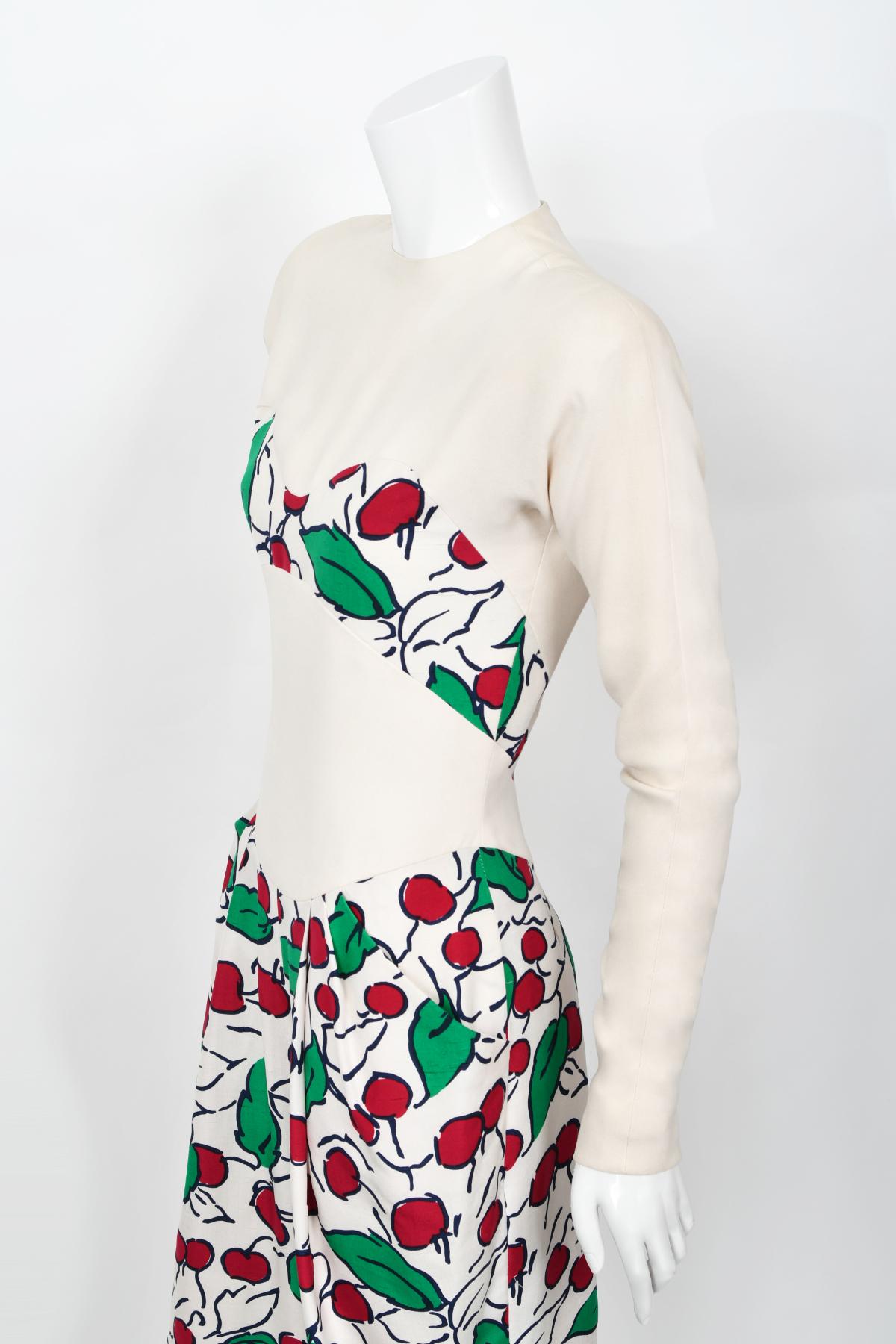 Vintage 1990's Geoffrey Beene Cherry Print Silk Crepe Bikini-Illusion Jumpsuit  For Sale 2