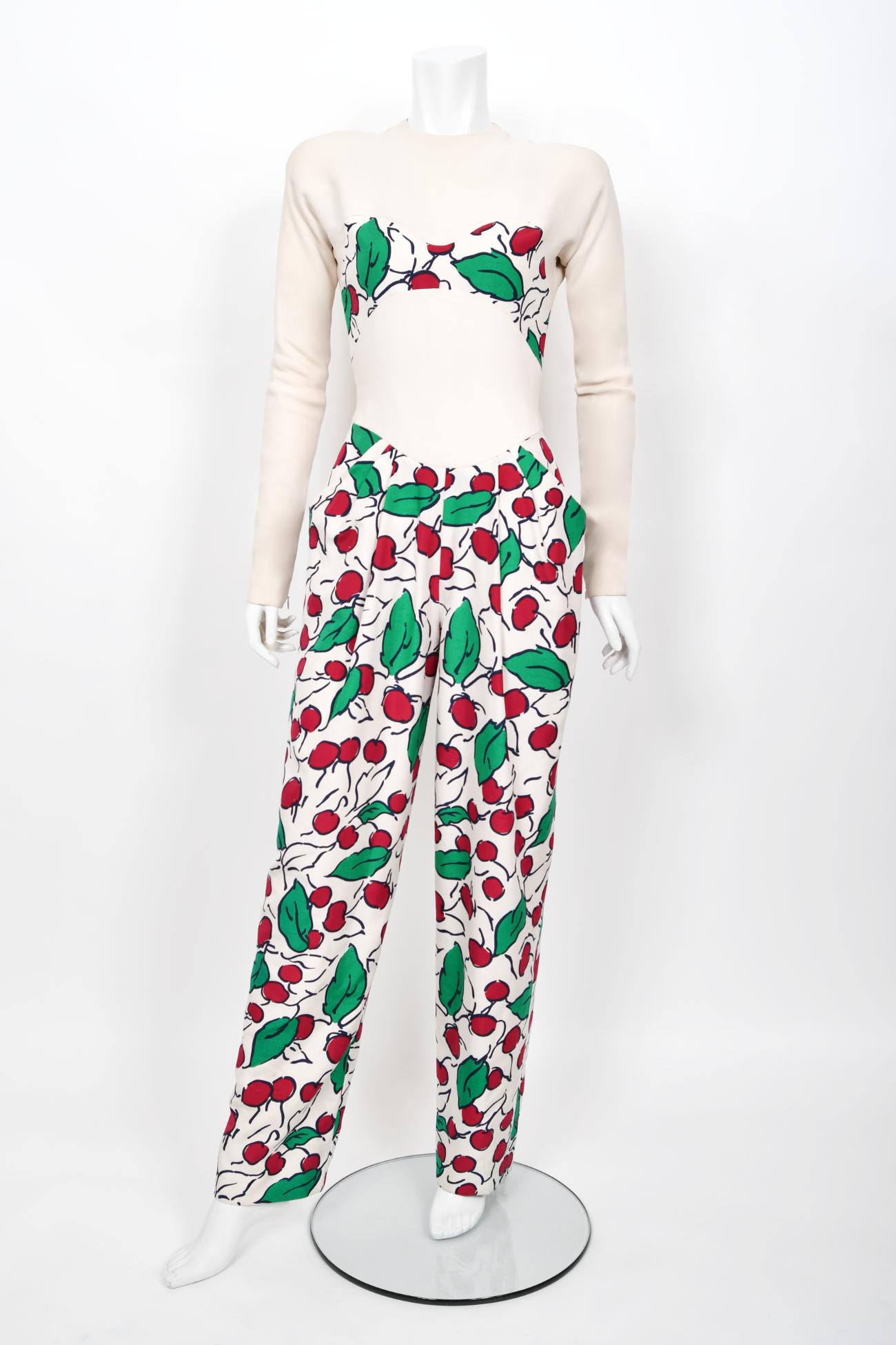 Vintage 1990's Geoffrey Beene Cherry Print Silk Crepe Bikini-Illusion Jumpsuit  For Sale 4