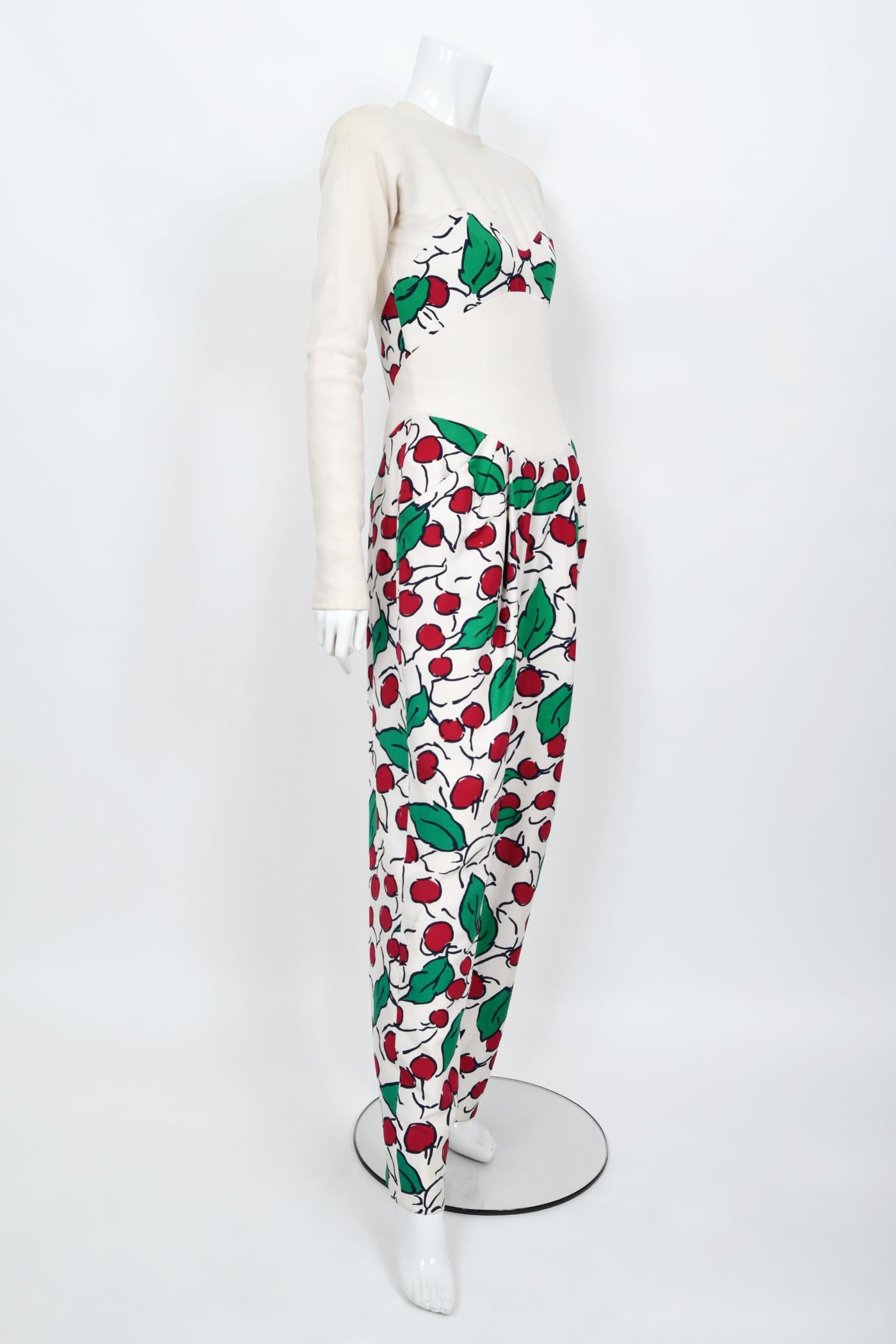 Vintage 1990's Geoffrey Beene Cherry Print Silk Crepe Bikini-Illusion Jumpsuit  For Sale 5