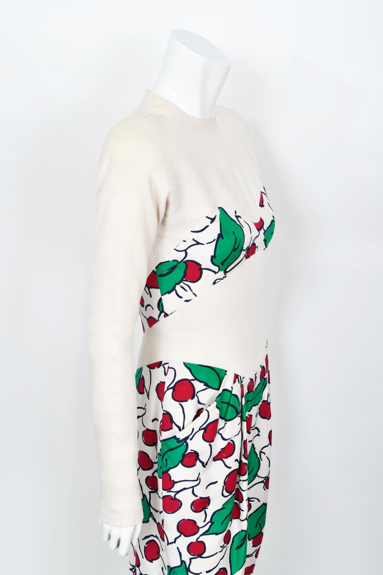 Vintage 1990's Geoffrey Beene Cherry Print Silk Crepe Bikini-Illusion Jumpsuit  For Sale 6