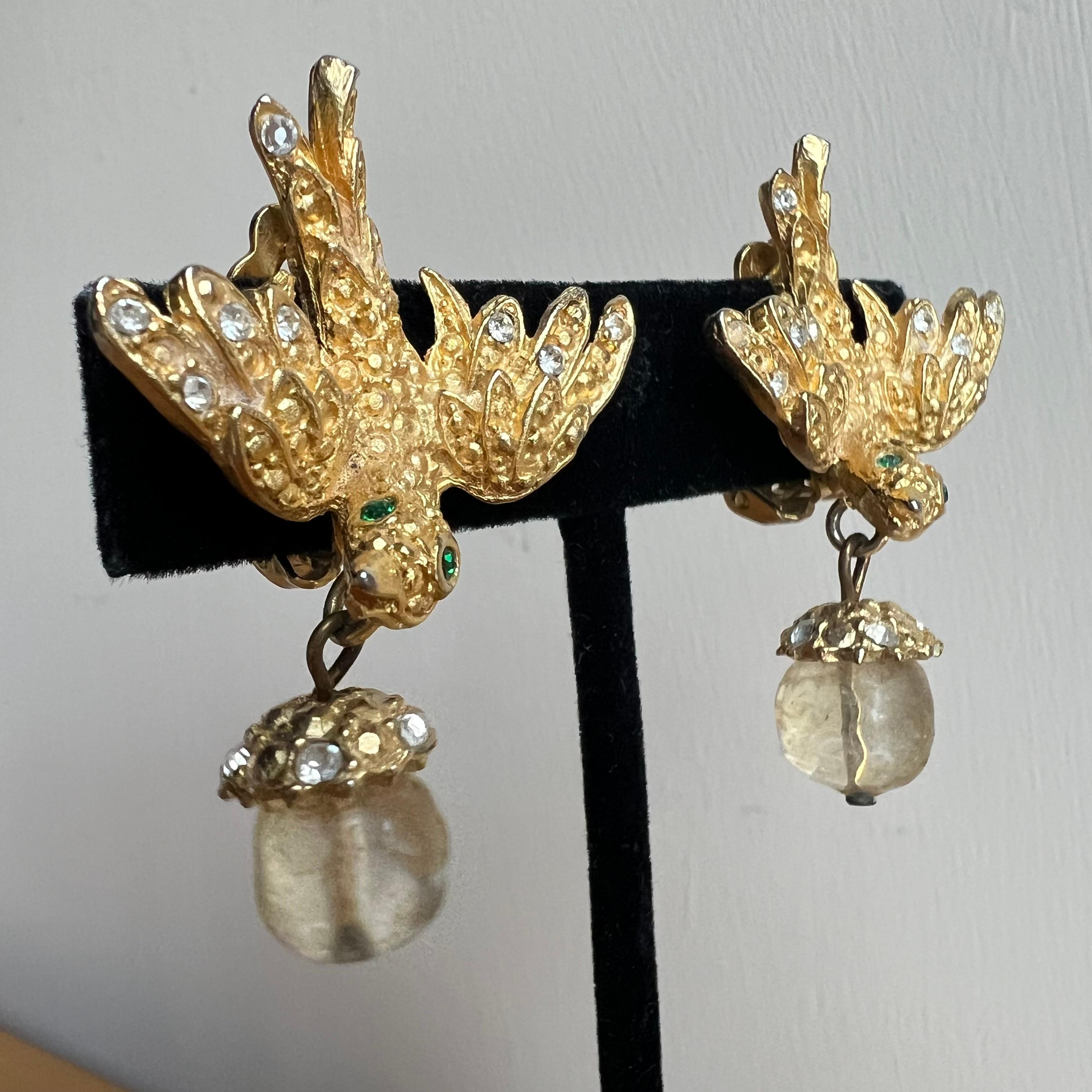 Romantic Vintage 1990s Gerard Yosca Bird Earrings Gripoix Clip-On For Sale