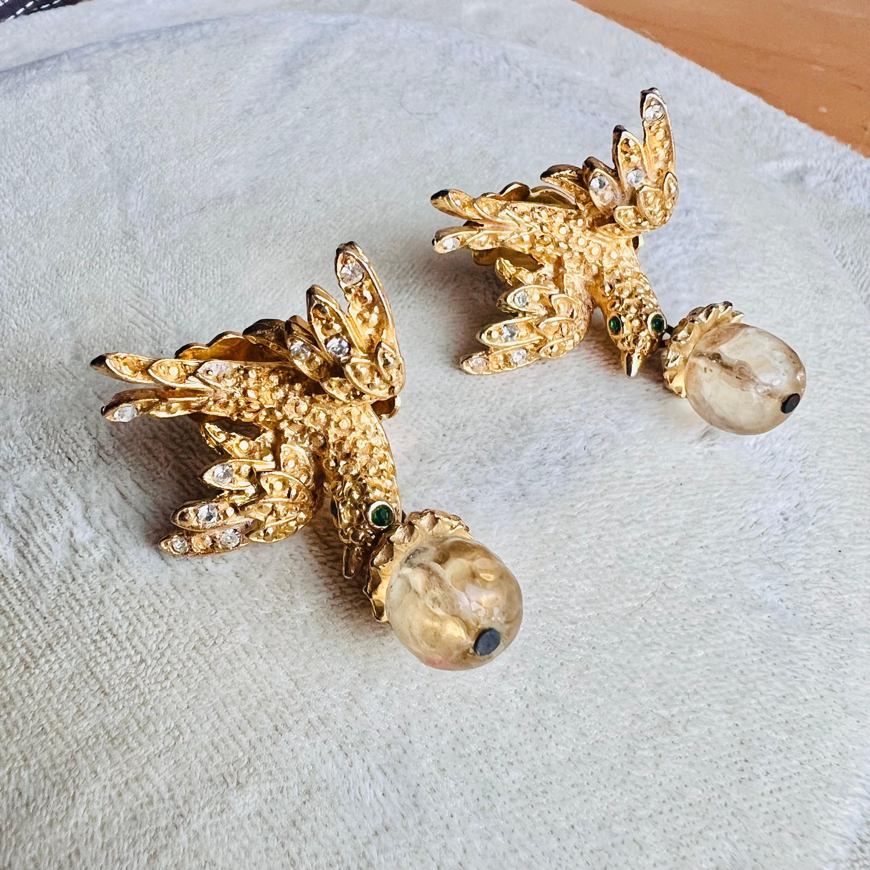 Gilt Vintage 1990s Gerard Yosca Bird Earrings Gripoix Clip-On For Sale