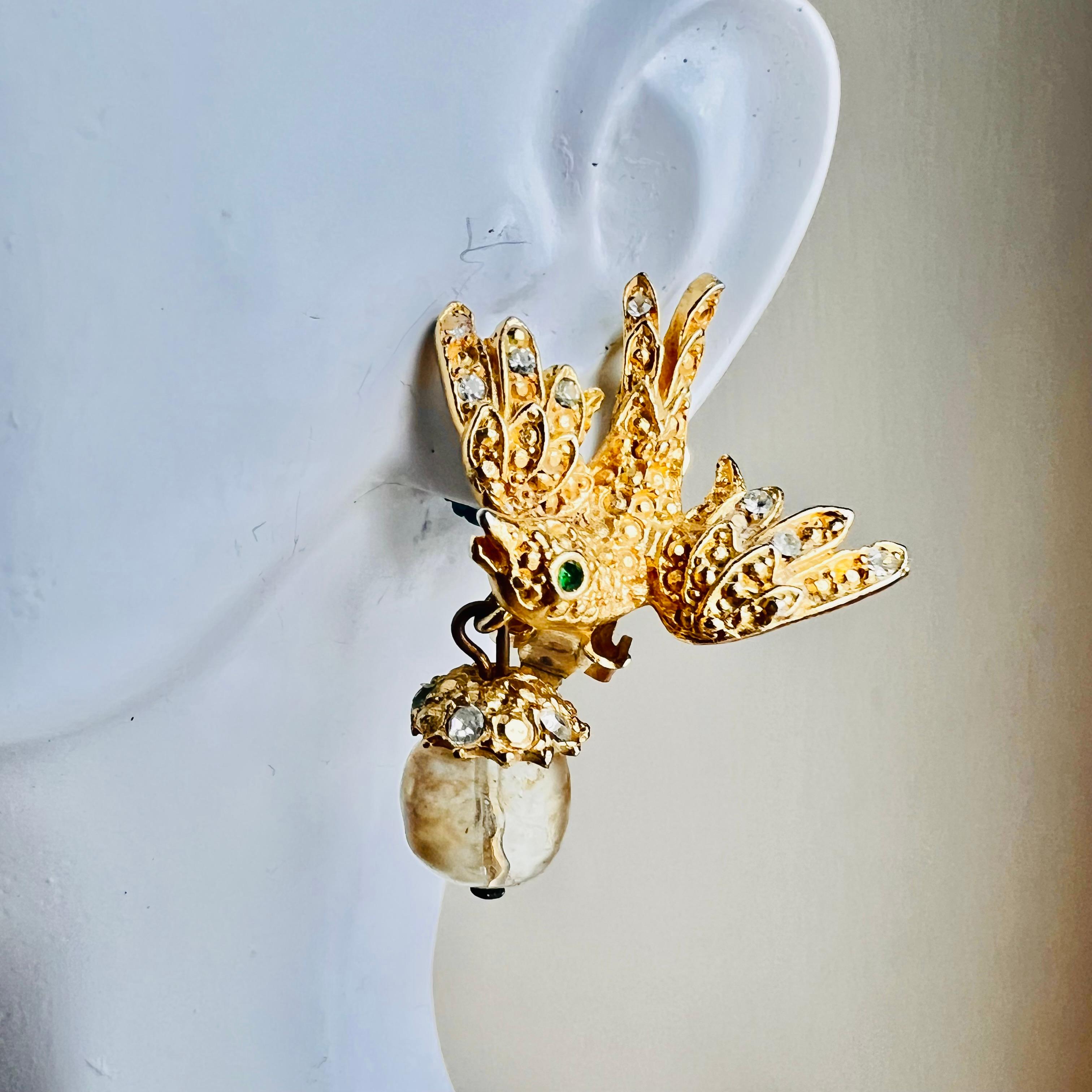 Metal Vintage 1990s Gerard Yosca Bird Earrings Gripoix Clip-On For Sale