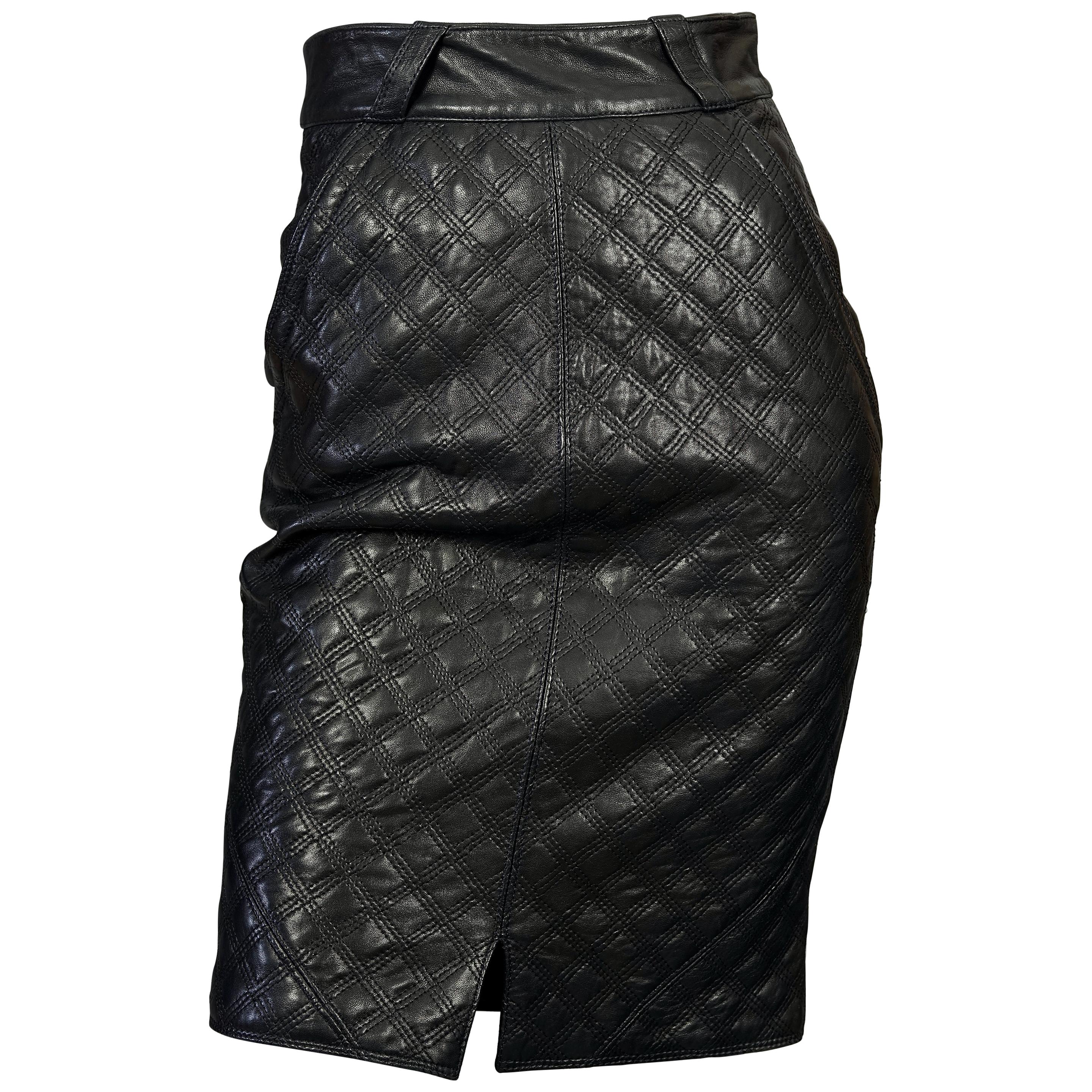 Vintage 1990s GIANNI VERSACE Black Quilted Leather Skirt