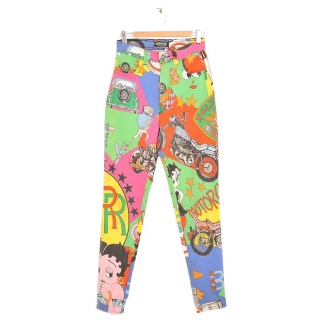 Vintage 1990's Gianni Versace Colourful 'Betty Boop' High waisted Pattern Jeans For Sale