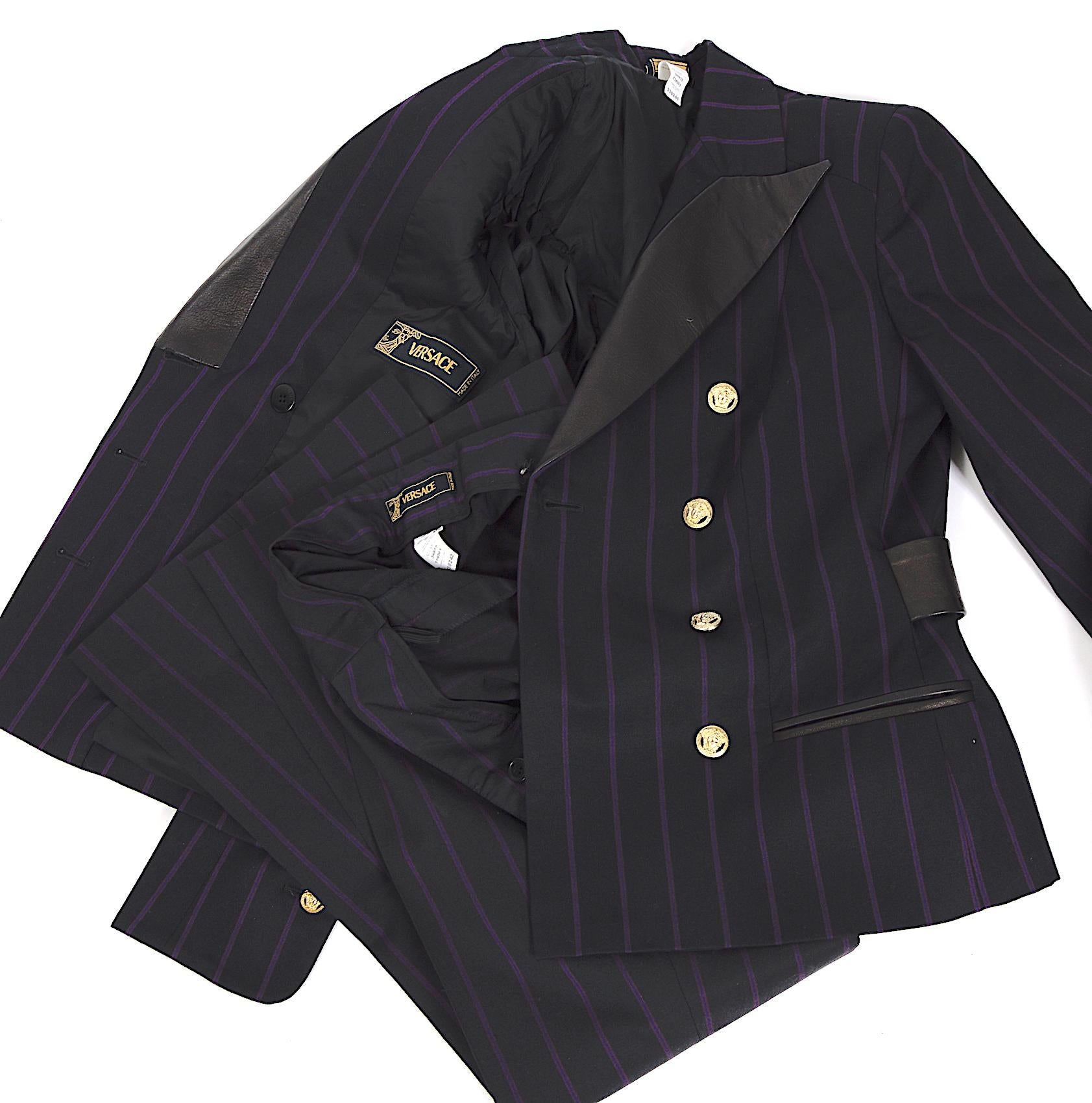 Women's Vintage 1990s Gianni Versace striped black wool/silk & leather detail suit For Sale