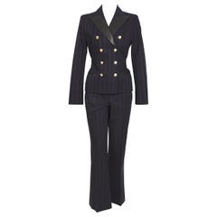 Vintage 1990s Gianni Versace striped black wool/silk & leather detail suit