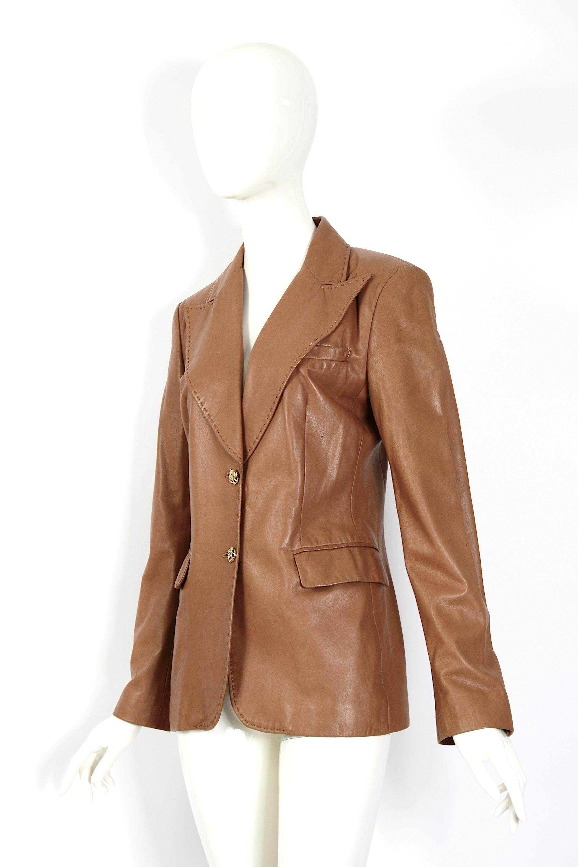 Vintage 1990s Gianni Versace timeless camel soft leather jacket in the most beautiful condition. 
This jacket is a dream. As good as it looks in the photos it is even better in person. The photos don't convey how soft the leather fabric