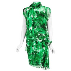 Vintage 1990's Givenchy Paris Green Floral Print Sheer Silk Chiffon Draped Dress