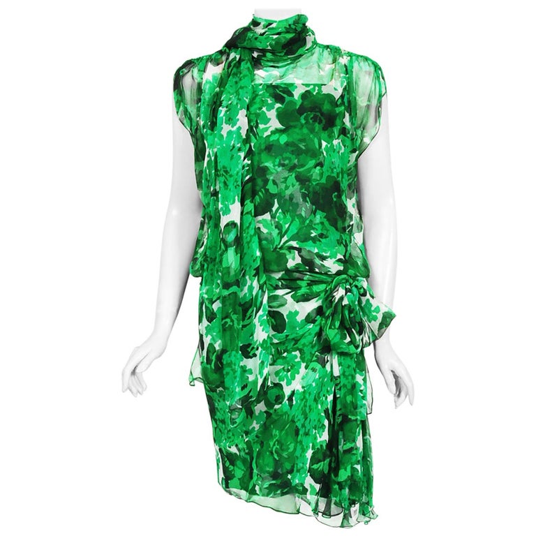 Vintage 1990's Givenchy Paris Green Floral Print Sheer Silk Chiffon Draped  Dress For Sale at 1stDibs | givenchy green dress