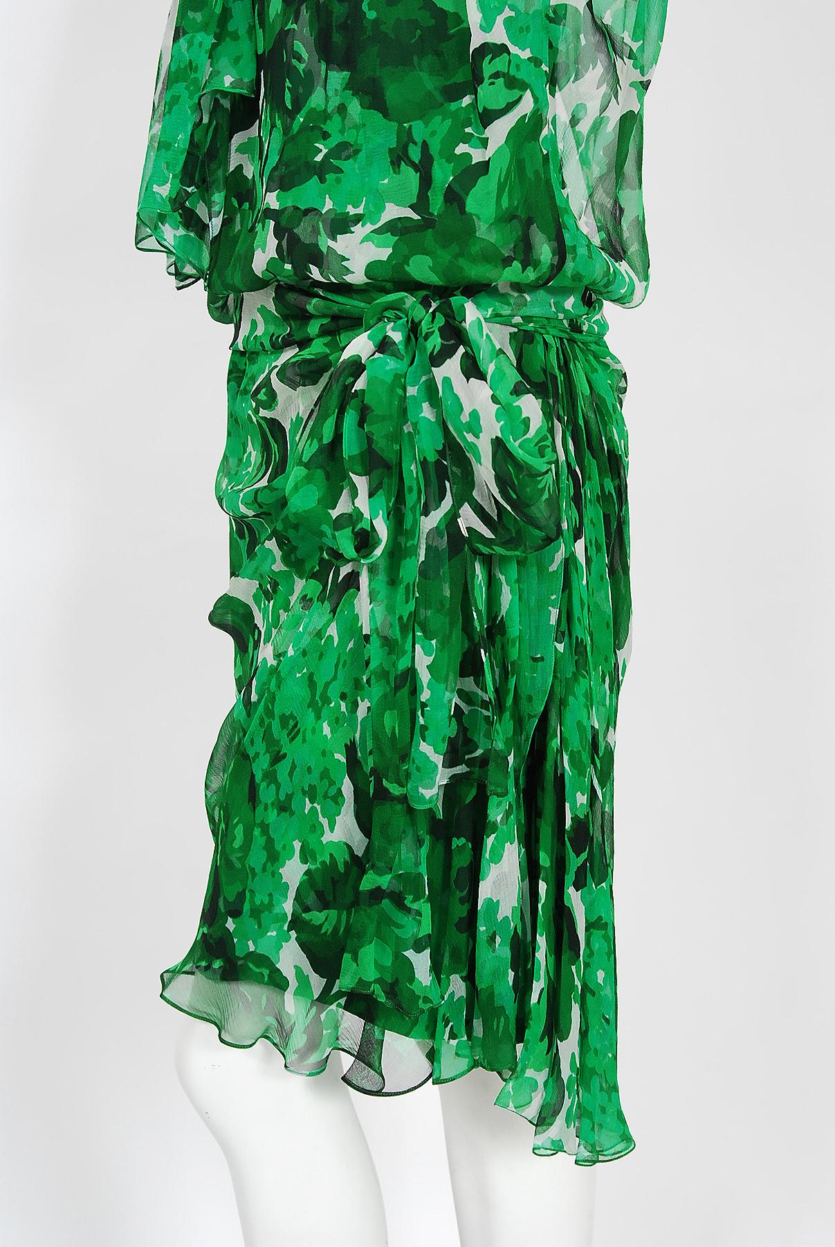 Vintage 1990's Givenchy Paris Green Floral Print Sheer Silk Chiffon Draped Dress For Sale 5
