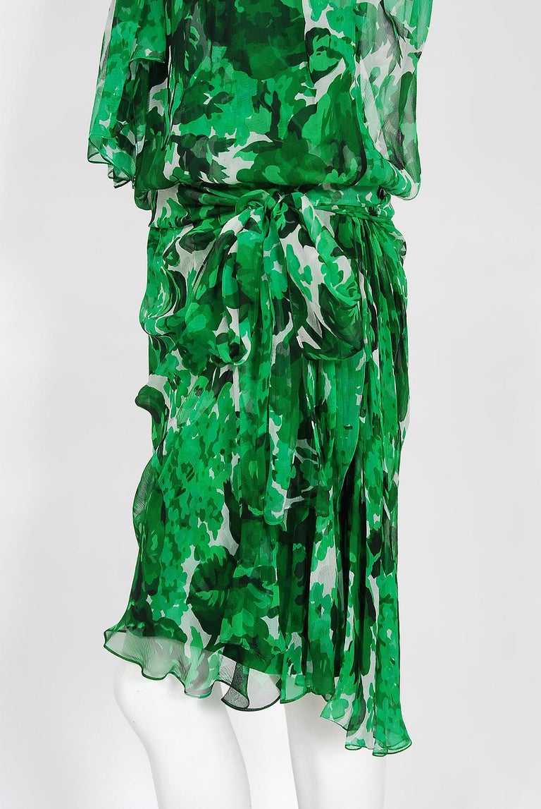 Vintage 1990's Givenchy Paris Green Floral Print Sheer Silk Chiffon Draped Dress For Sale 6