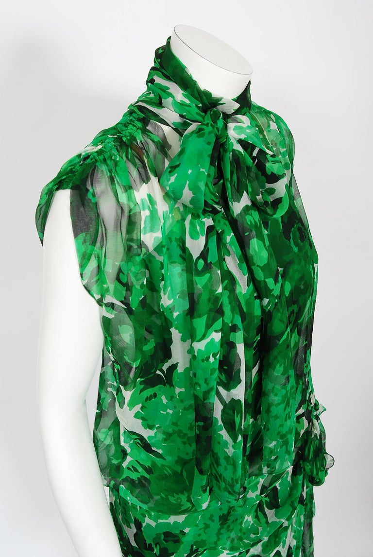 Vintage 1990's Givenchy Paris Green Floral Print Sheer Silk Chiffon Draped Dress For Sale 7