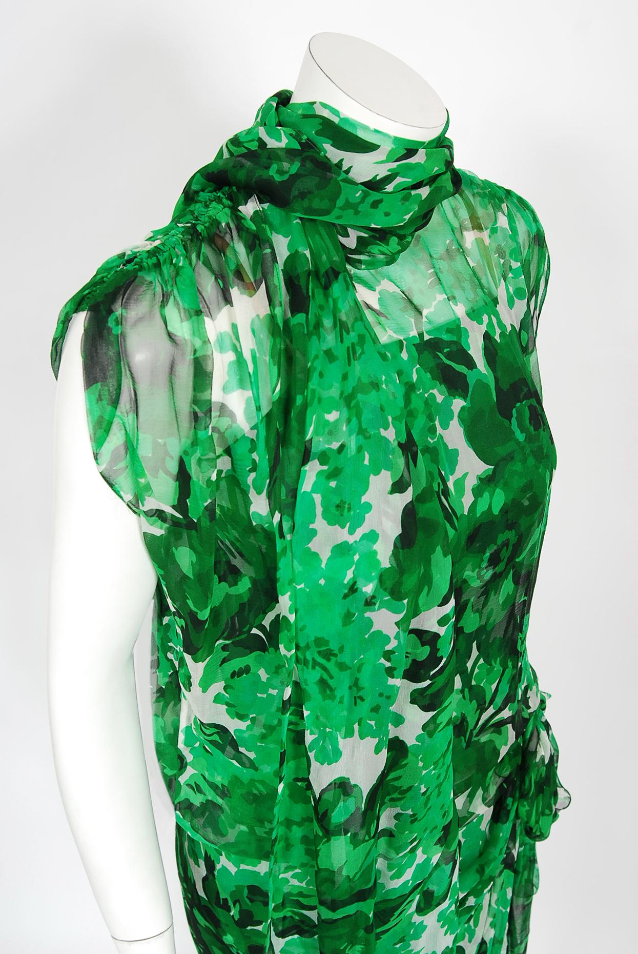 Vintage 1990's Givenchy Paris Green Floral Print Sheer Silk Chiffon Draped Dress For Sale 7