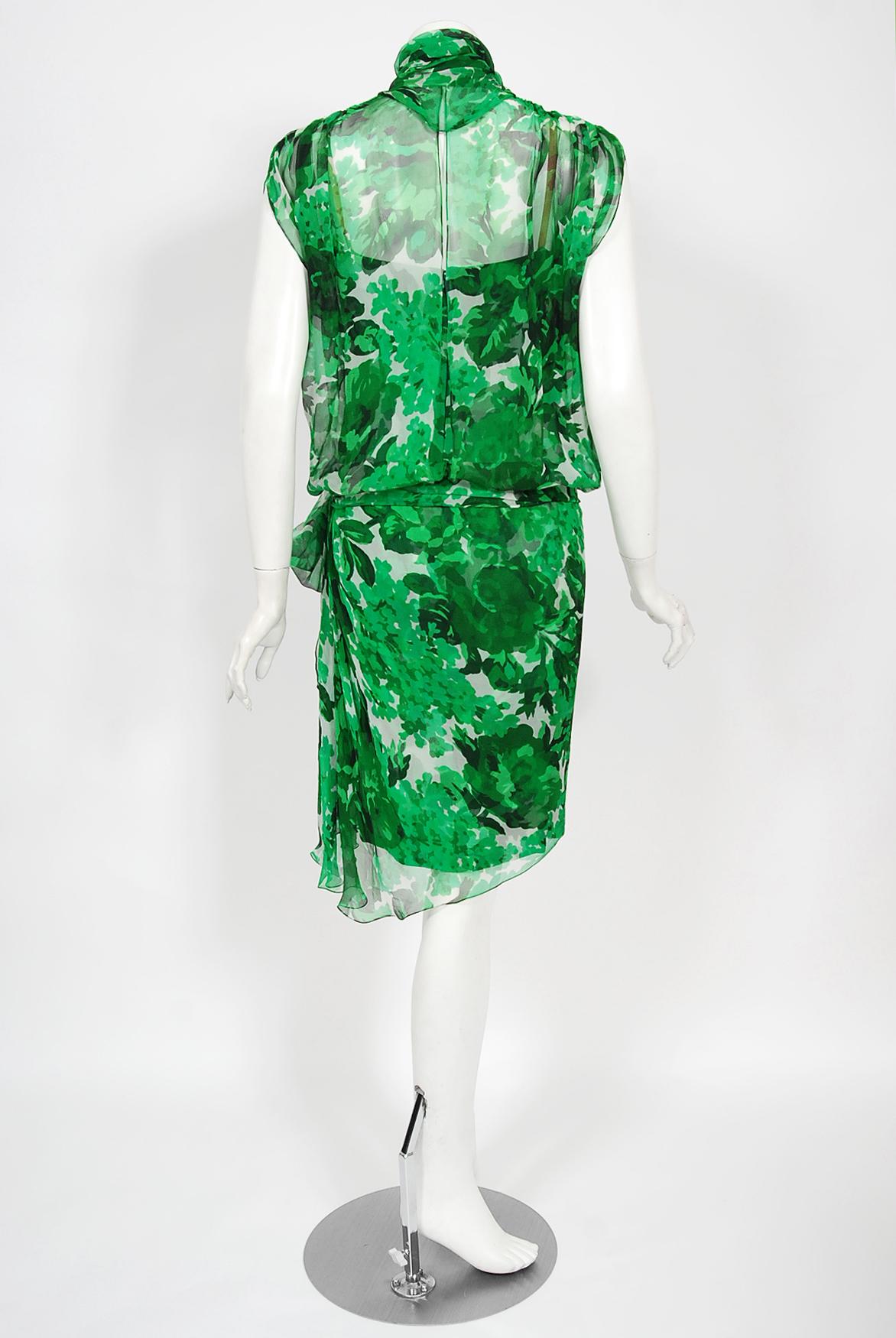 Vintage 1990's Givenchy Paris Green Floral Print Sheer Silk Chiffon Draped Dress For Sale 8