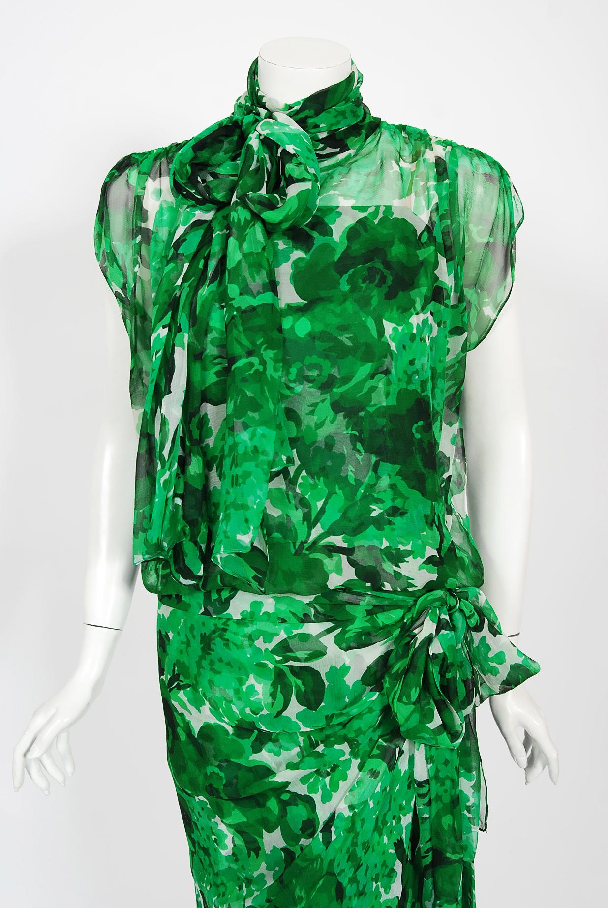 Vintage 1990's Givenchy Paris Green Floral Print Sheer Silk Chiffon Draped Dress In Good Condition For Sale In Beverly Hills, CA