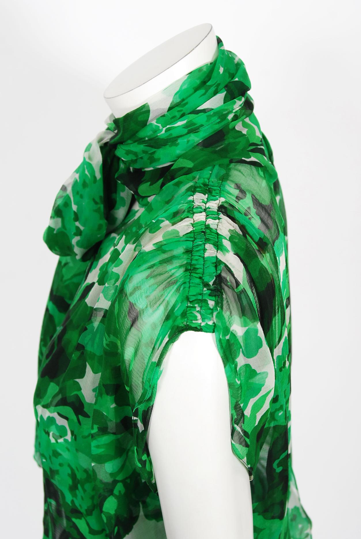 Women's Vintage 1990's Givenchy Paris Green Floral Print Sheer Silk Chiffon Draped Dress For Sale