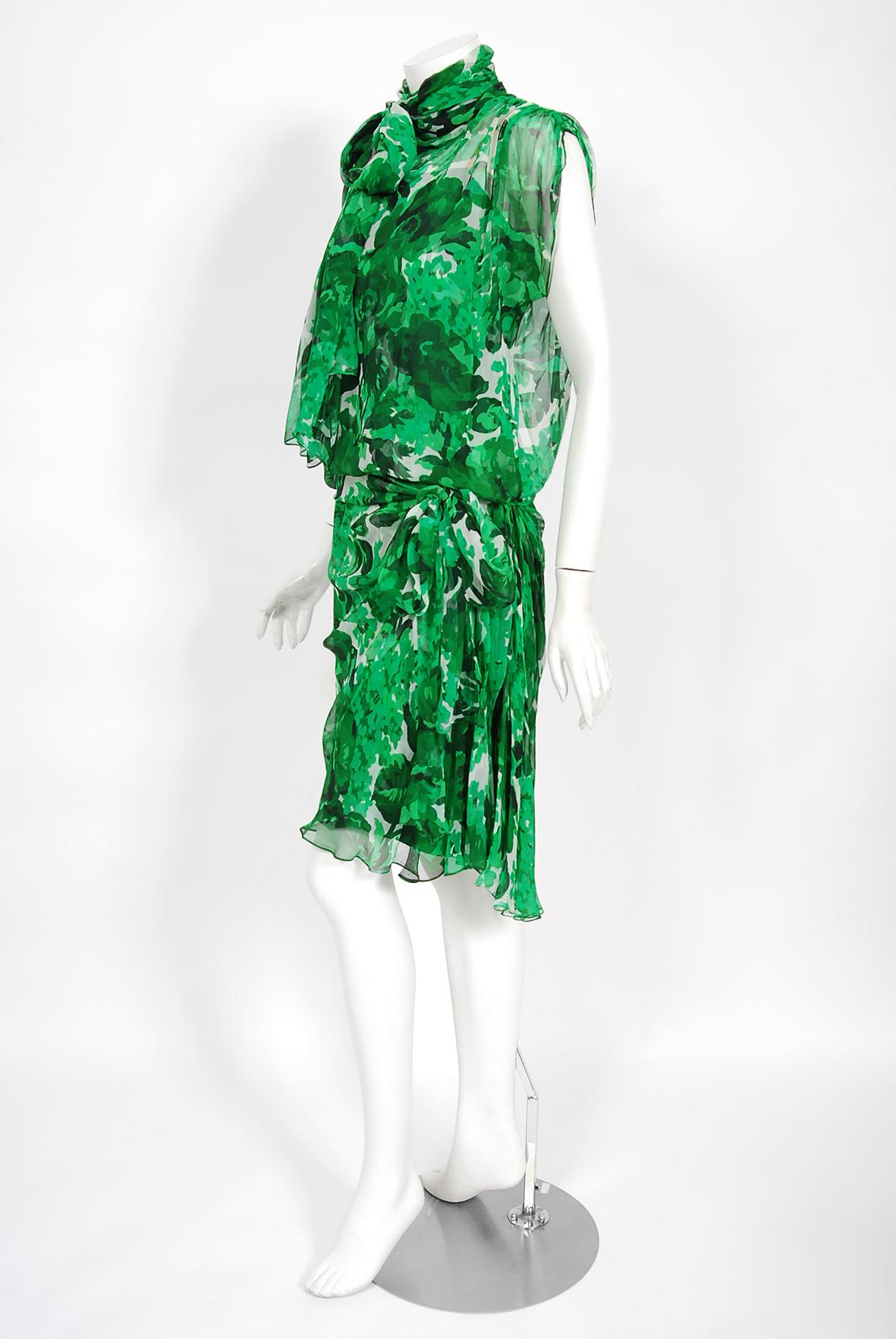 Vintage 1990's Givenchy Paris Green Floral Print Sheer Silk Chiffon Draped Dress For Sale 1