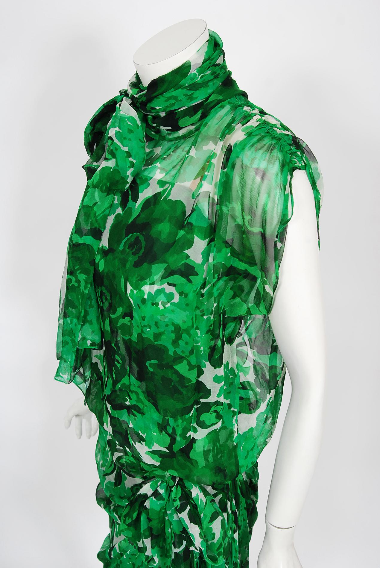 Vintage 1990's Givenchy Paris Green Floral Print Sheer Silk Chiffon Draped Dress For Sale 2