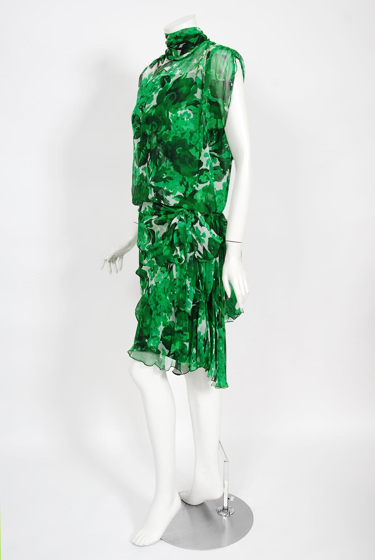 Vintage 1990's Givenchy Paris Green Floral Print Sheer Silk Chiffon Draped Dress For Sale 3