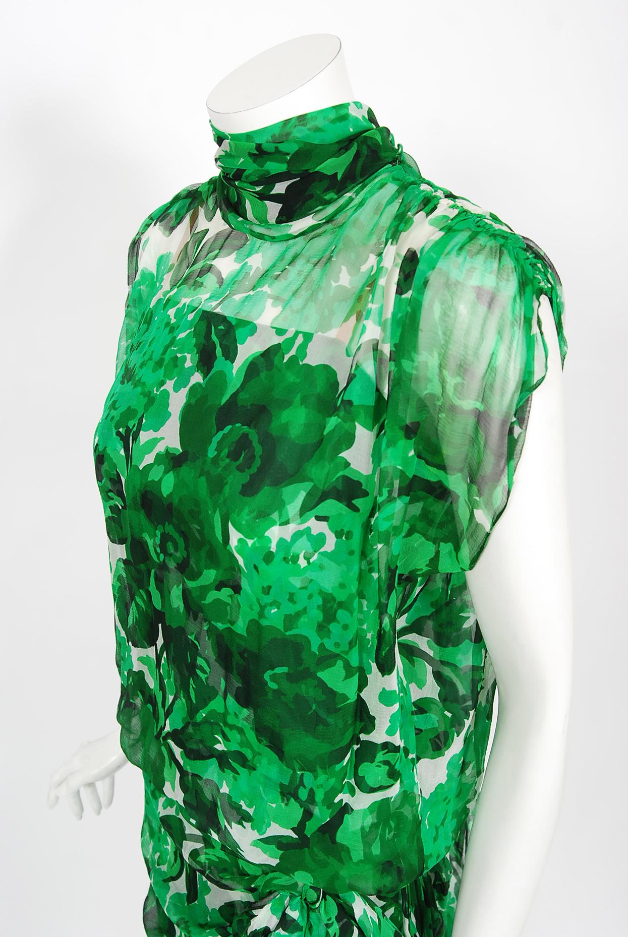 Vintage 1990's Givenchy Paris Green Floral Print Sheer Silk Chiffon Draped Dress For Sale 4