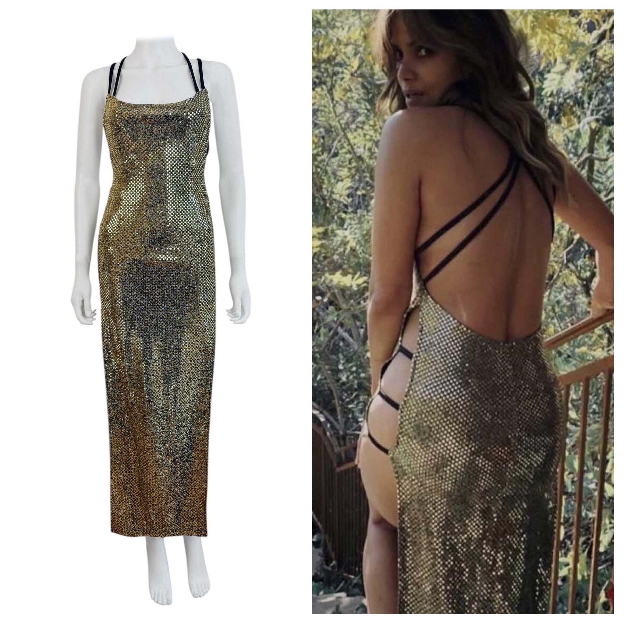 Vintage 1990er Goldfolie Pailletten Ausschnitt Kleid getragen von Halle Berry im Angebot