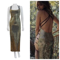 Vintage 1990s Gold Foil Sequin Cut Out Dress Gown Worn by Halle Berry