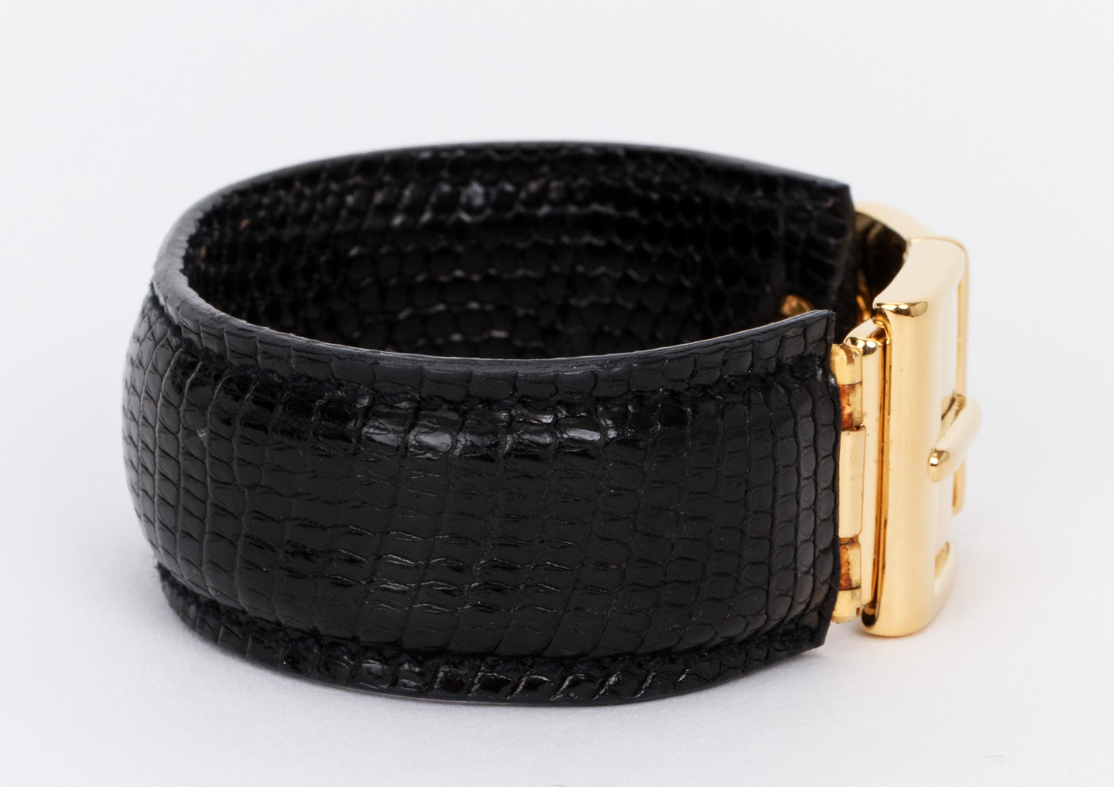 Vintage 1990's Gucci Black Lizard Leather Gold Buckle Bracelet In Excellent Condition In West Hollywood, CA