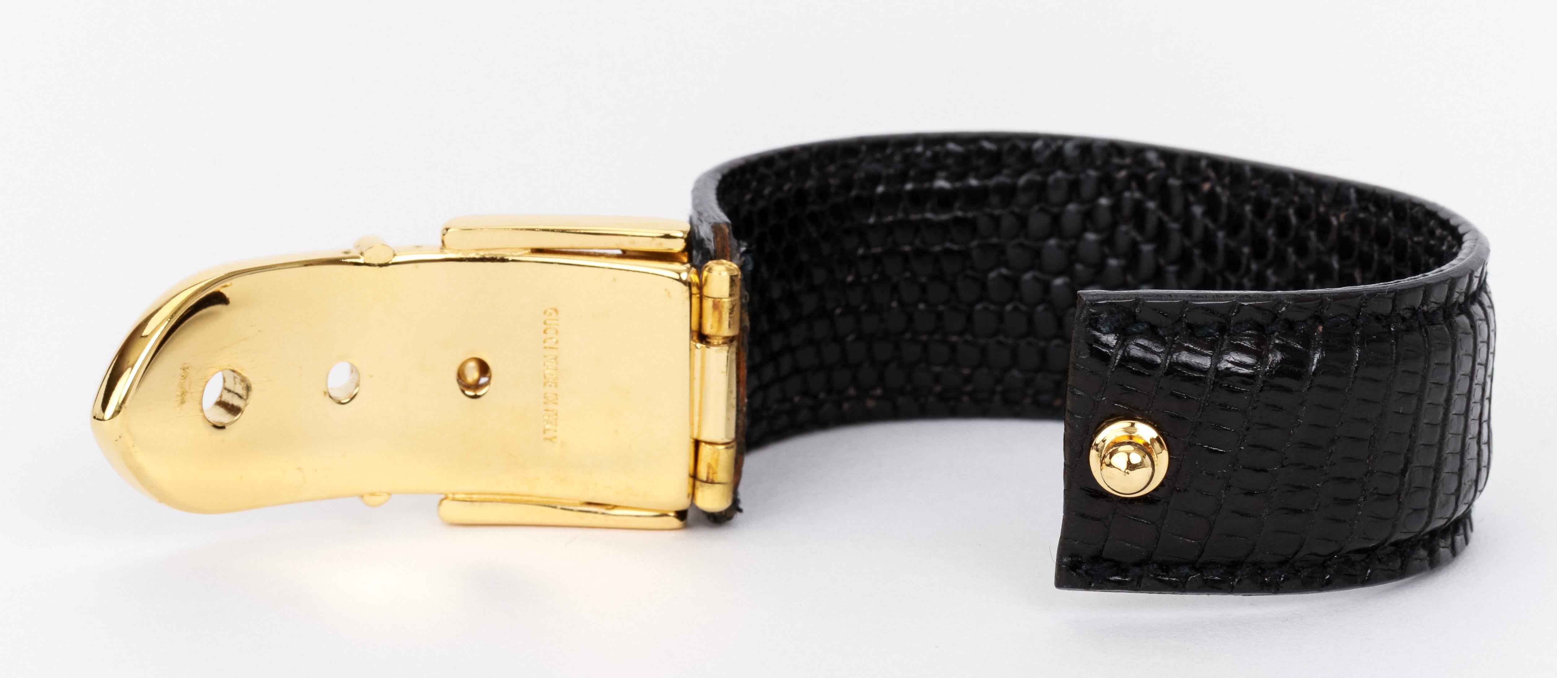 Vintage 1990's Gucci Black Lizard Leather Gold Buckle Bracelet 4