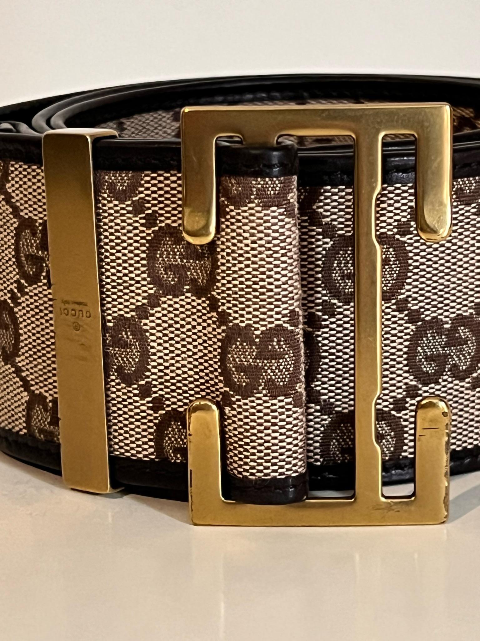 Vintage 1990’s GUCCI monogram GG canvas and leather belt with unique gold buckle 3